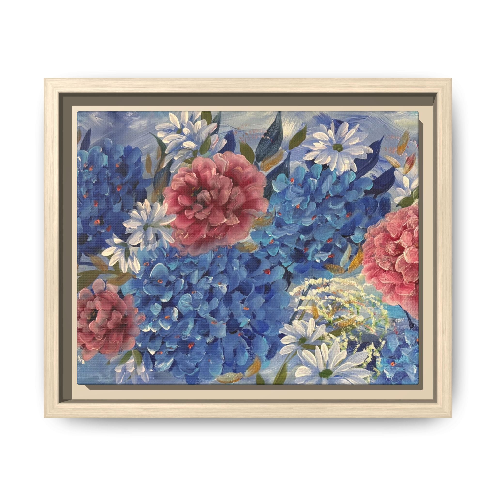 Cool Blue Framed Floral Canvas Print — Blue Hydrangea & Pink Peony Wall Art