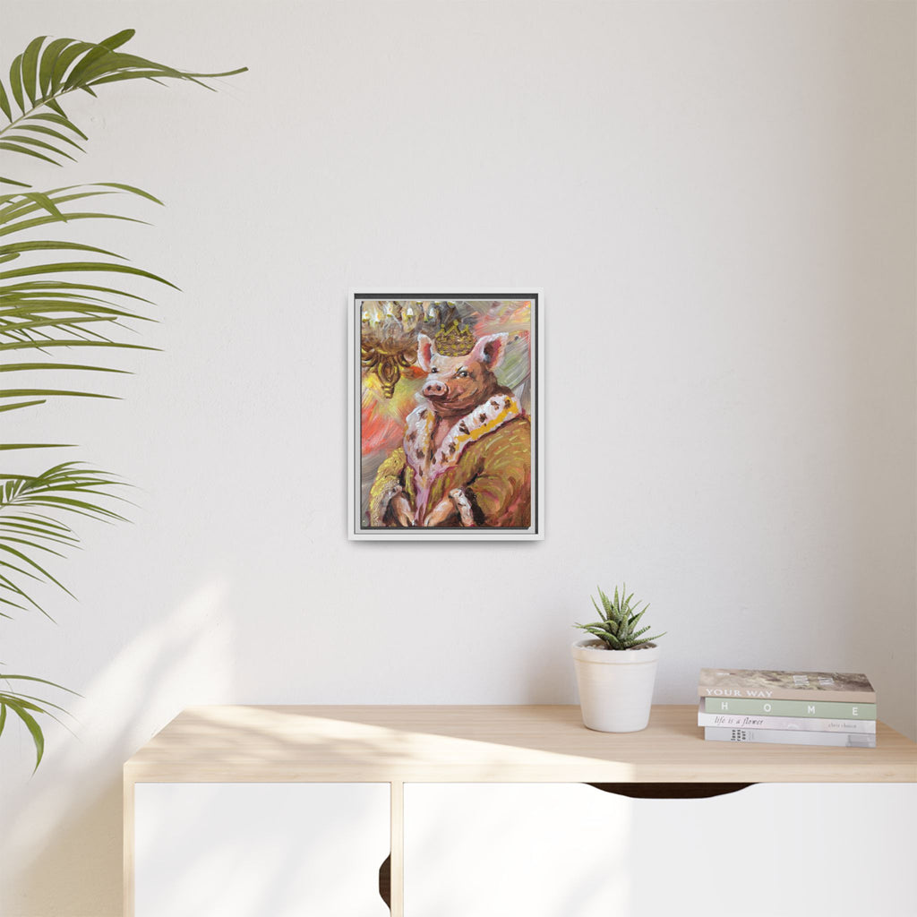 Regal Pig King Framed Canvas Art — Whimsical Farmhouse Wall Decor