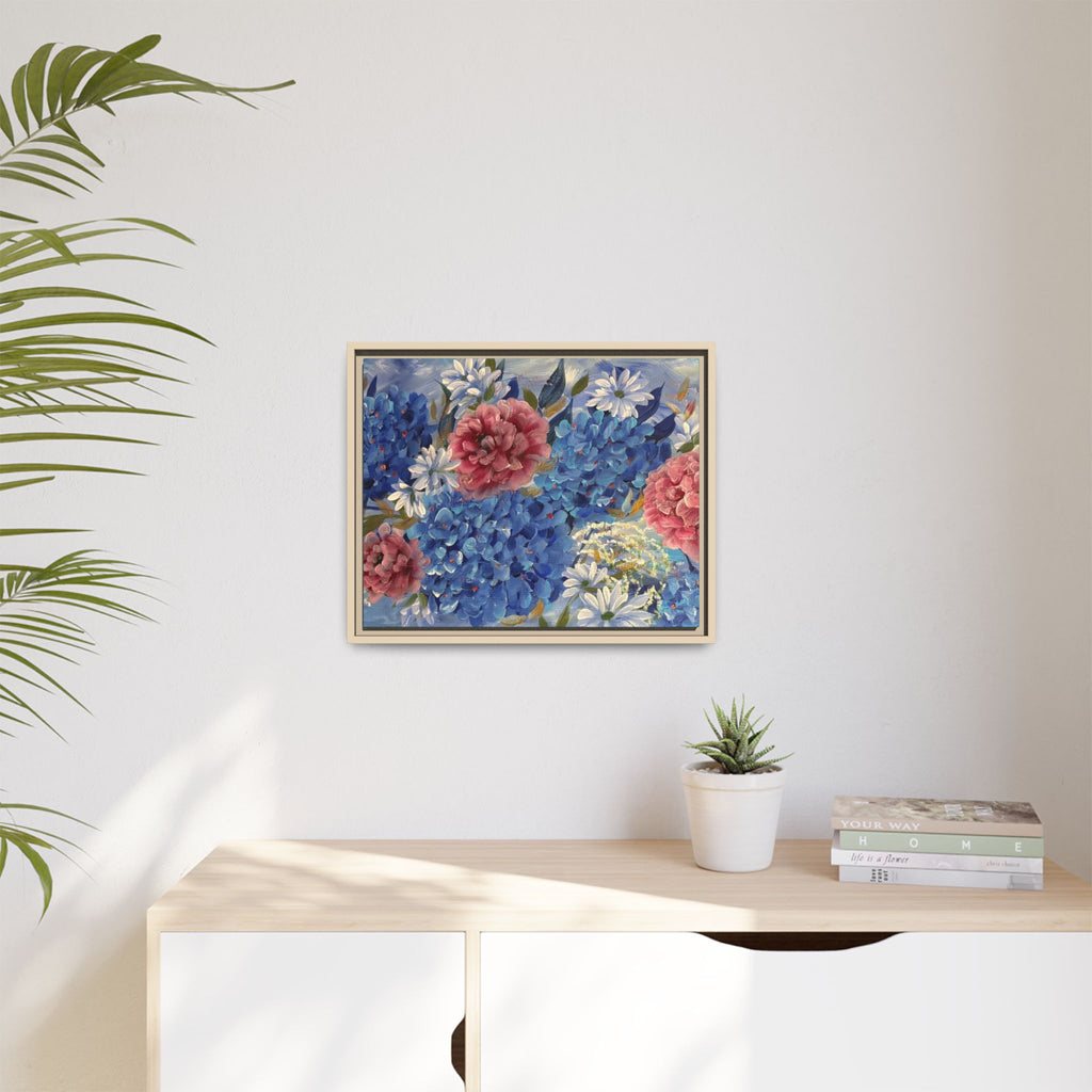 Cool Blue Framed Floral Canvas Print — Blue Hydrangea & Pink Peony Wall Art