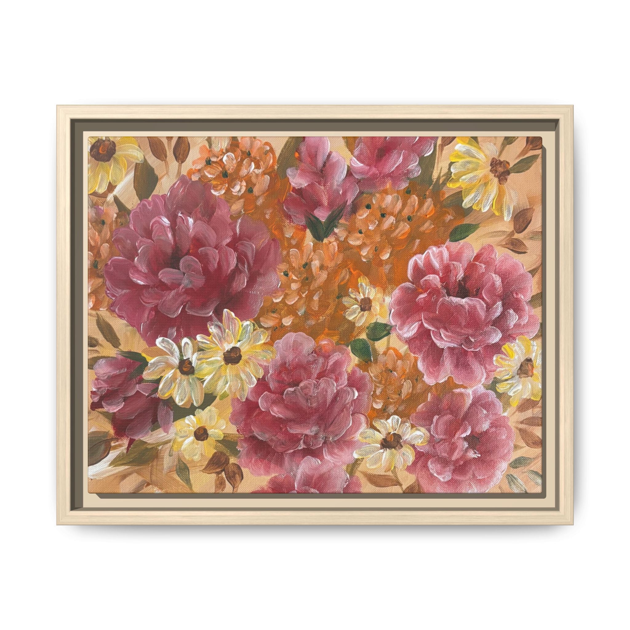 Warm Framed Floral Canvas Print — Vintage Pink Peonies Wall Art