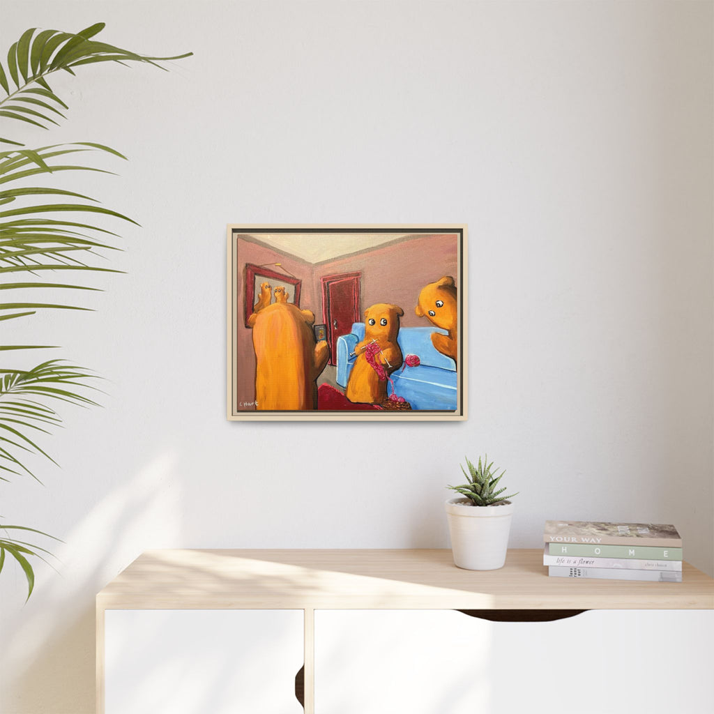 Whimsical Bear Family Framed Canvas Art — Matte Multi-Color Wall Decor