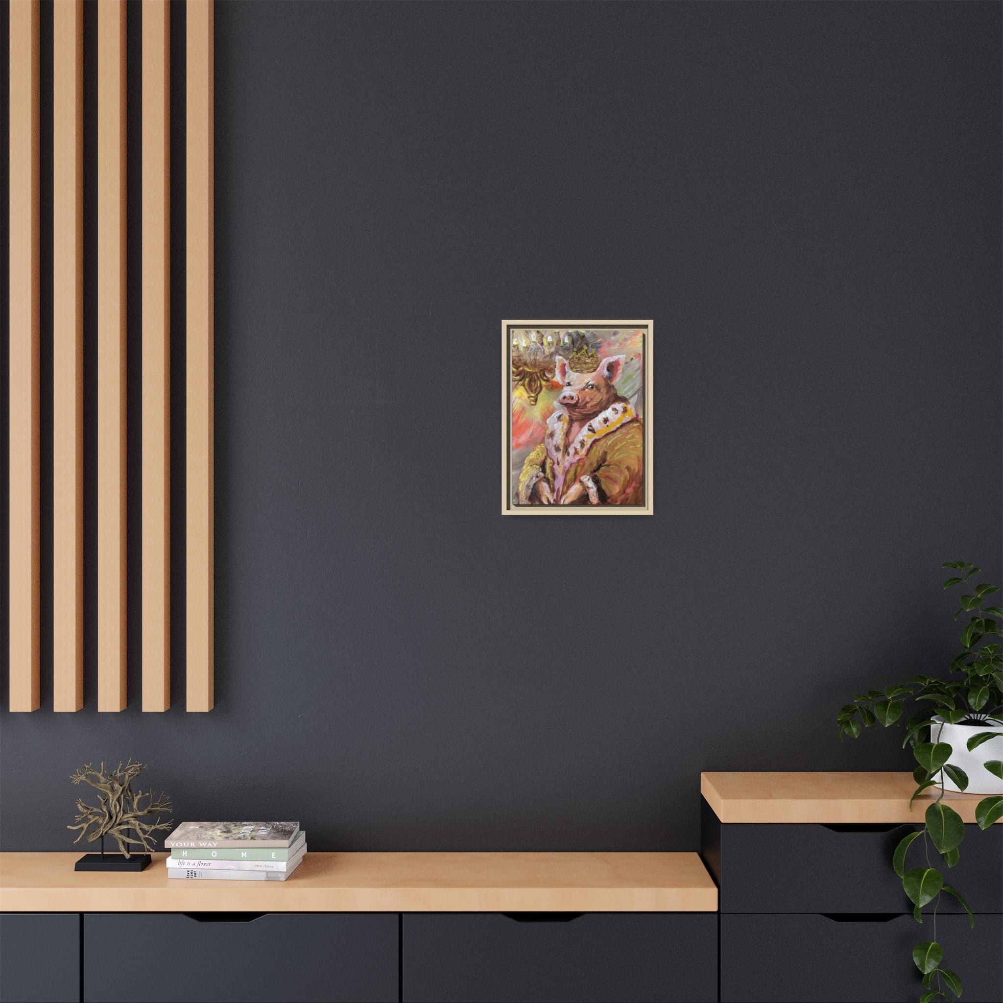 Regal Pig King Framed Canvas Art — Whimsical Farmhouse Wall Decor
