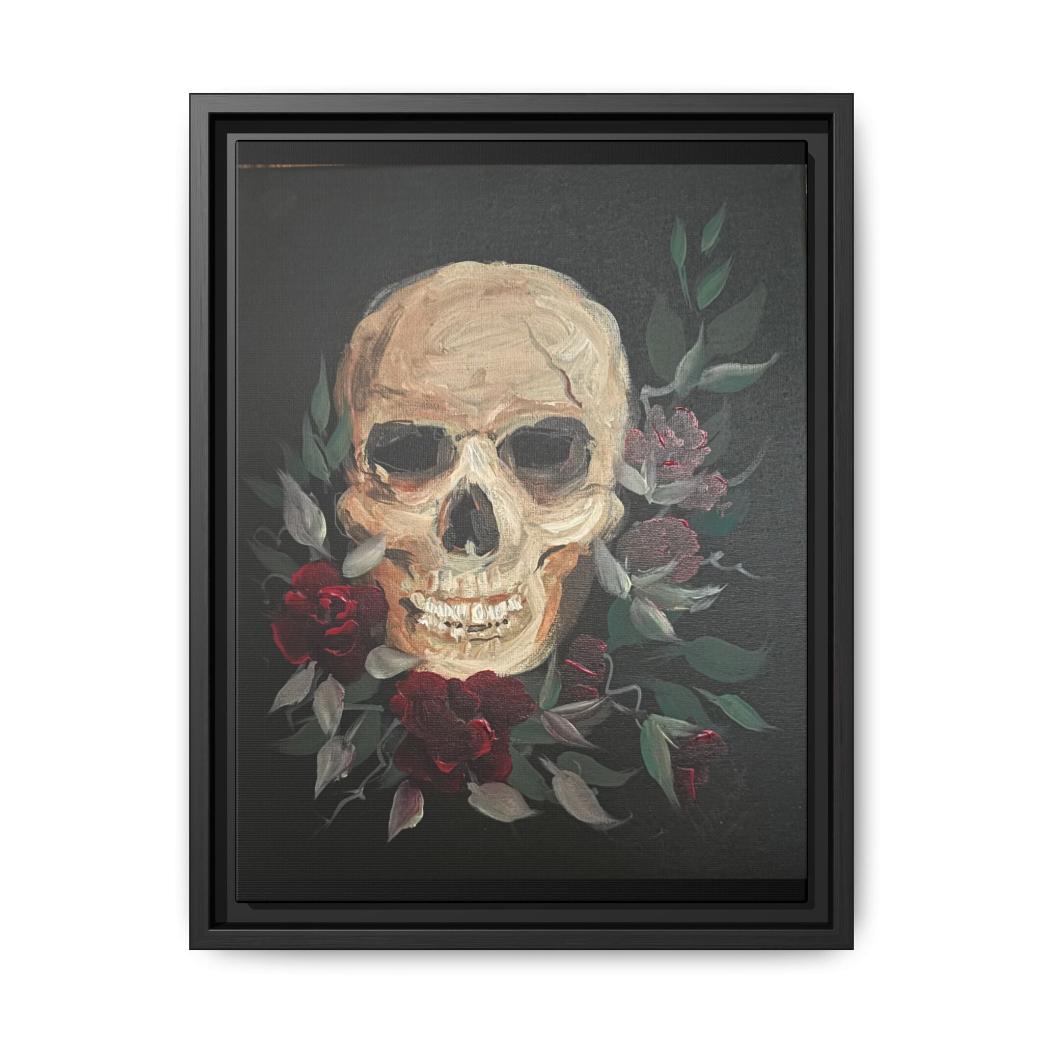 Framed Matte Canvas Skull & Roses Wall Art — Dark Gothic Home Decor