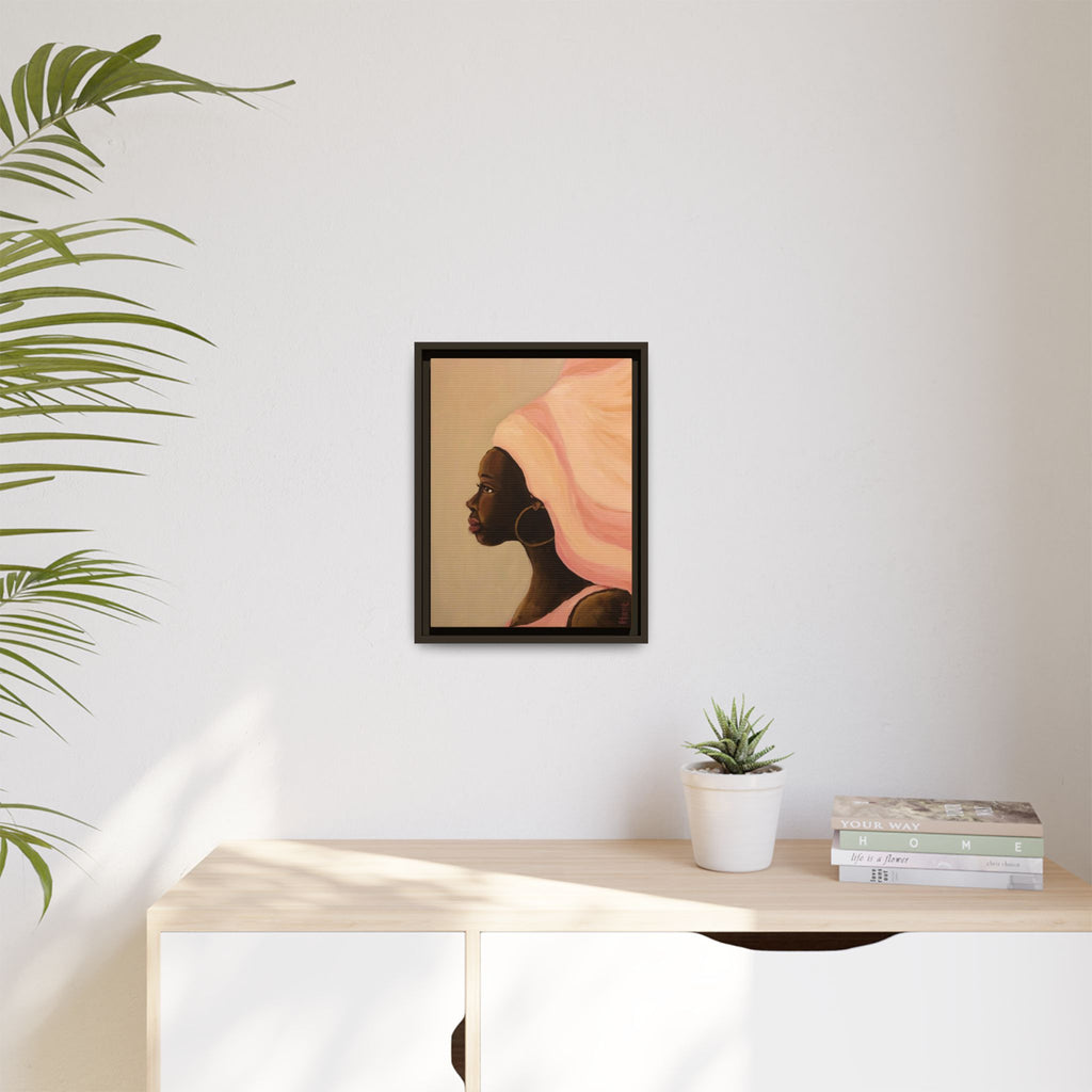Framed Matte Canvas Art – Elegant African Woman Portrait (Pink Headwrap)