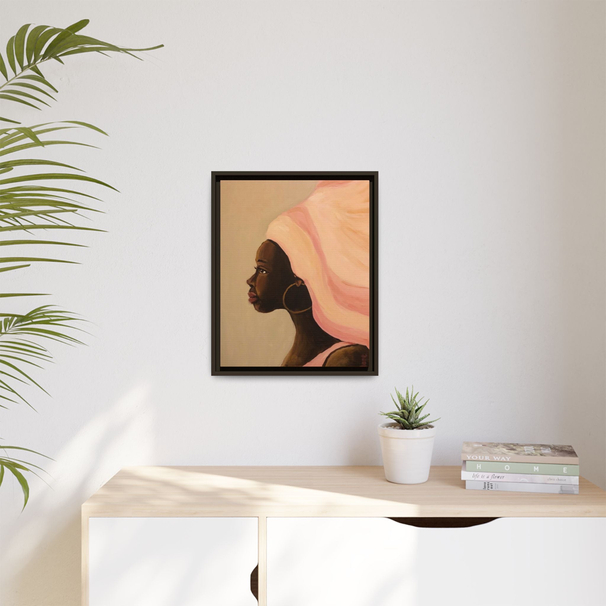 Framed Matte Canvas Art – Elegant African Woman Portrait (Pink Headwrap)