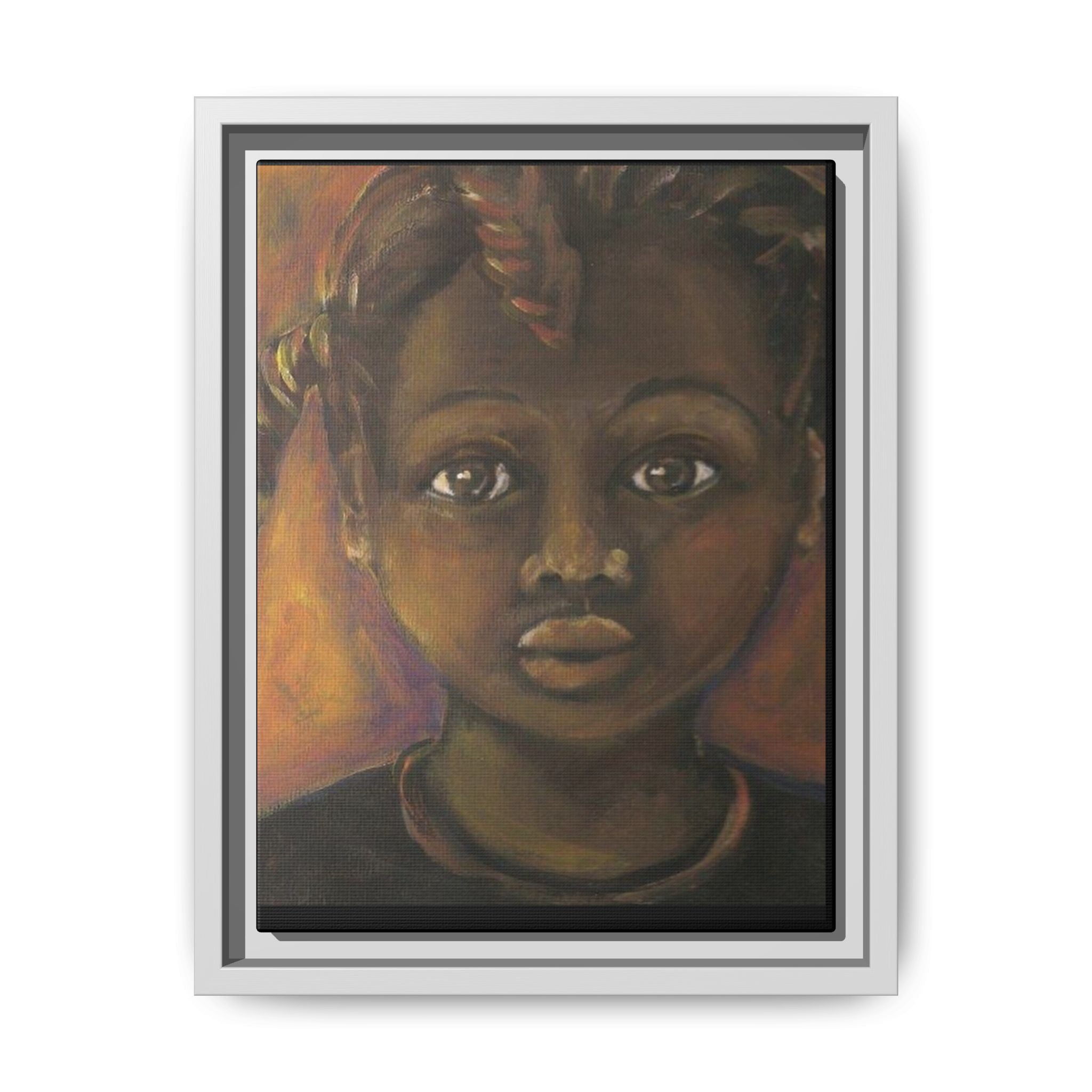 Framed Matte Canvas Portrait – African American Child Wall Art, Warm Earthtone Nursery Décor