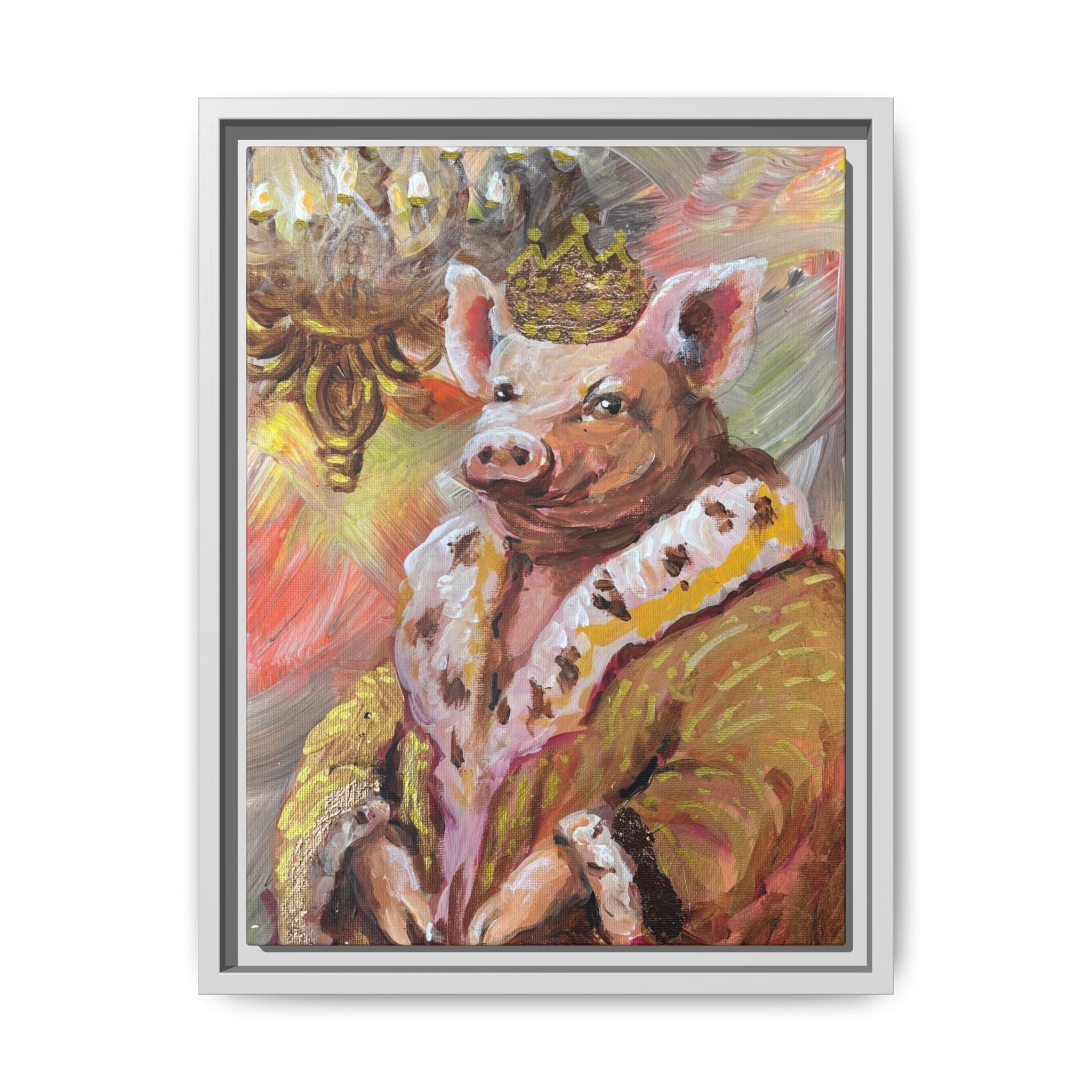 Regal Pig King Framed Canvas Art — Whimsical Farmhouse Wall Decor