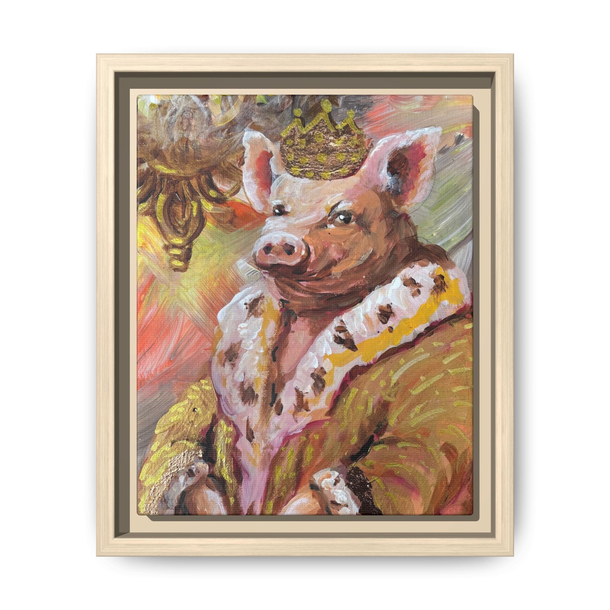 Regal Pig King Framed Canvas Art — Whimsical Farmhouse Wall Decor