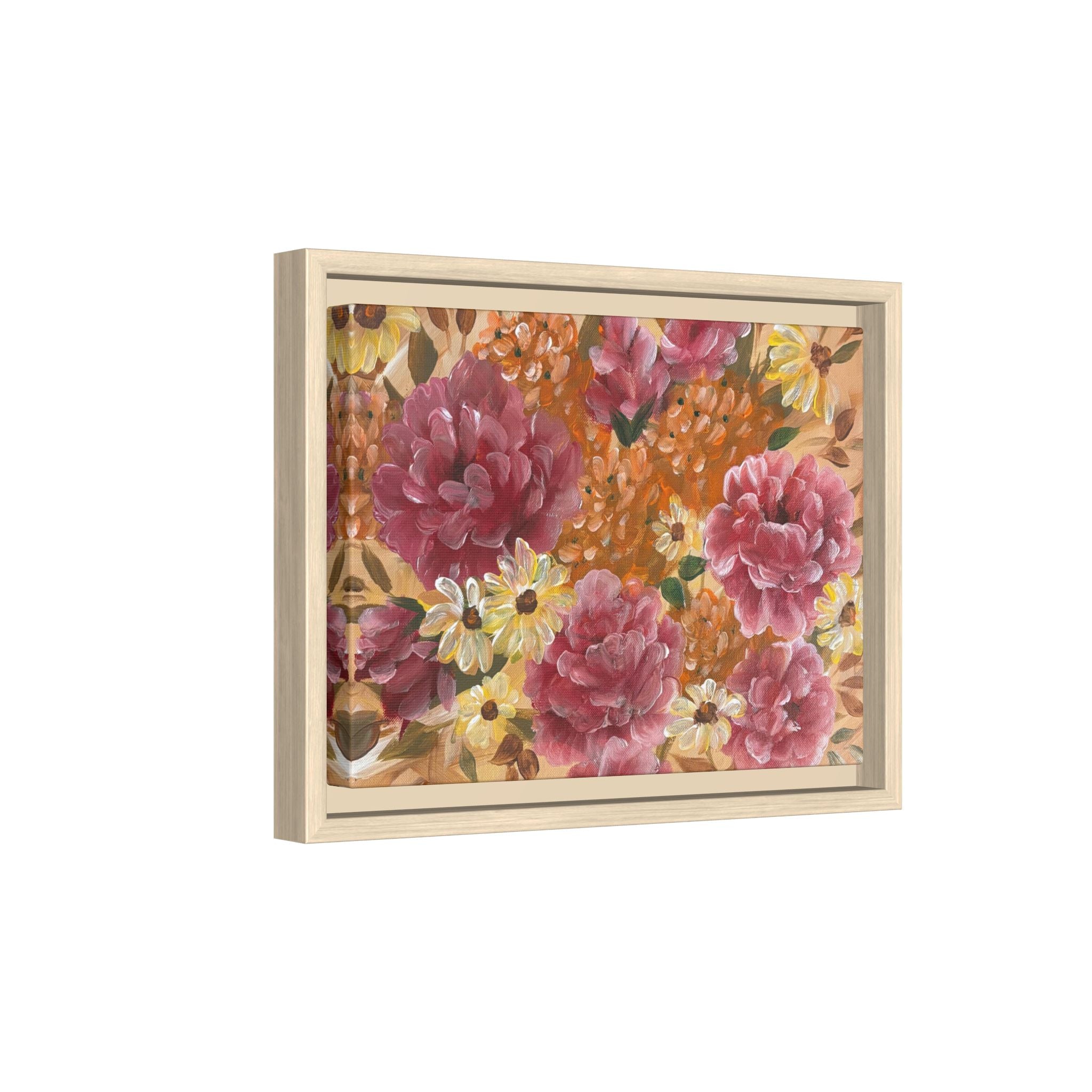 Warm Floral Framed Floral Canvas Print — Pink Peony & Daisies Wall Art
