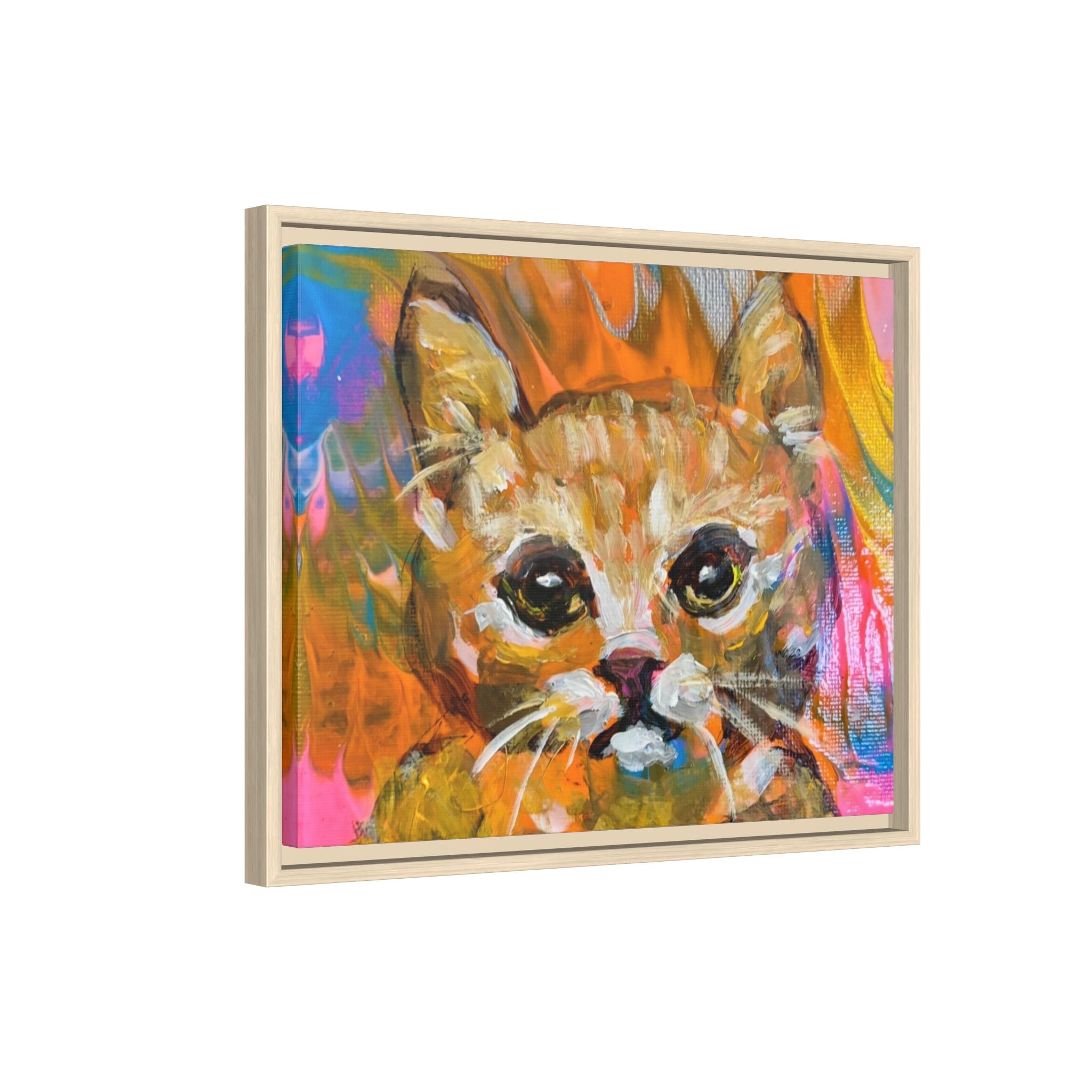 Framed Matte Canvas: Colorful Abstract Ginger Cat Wall Art