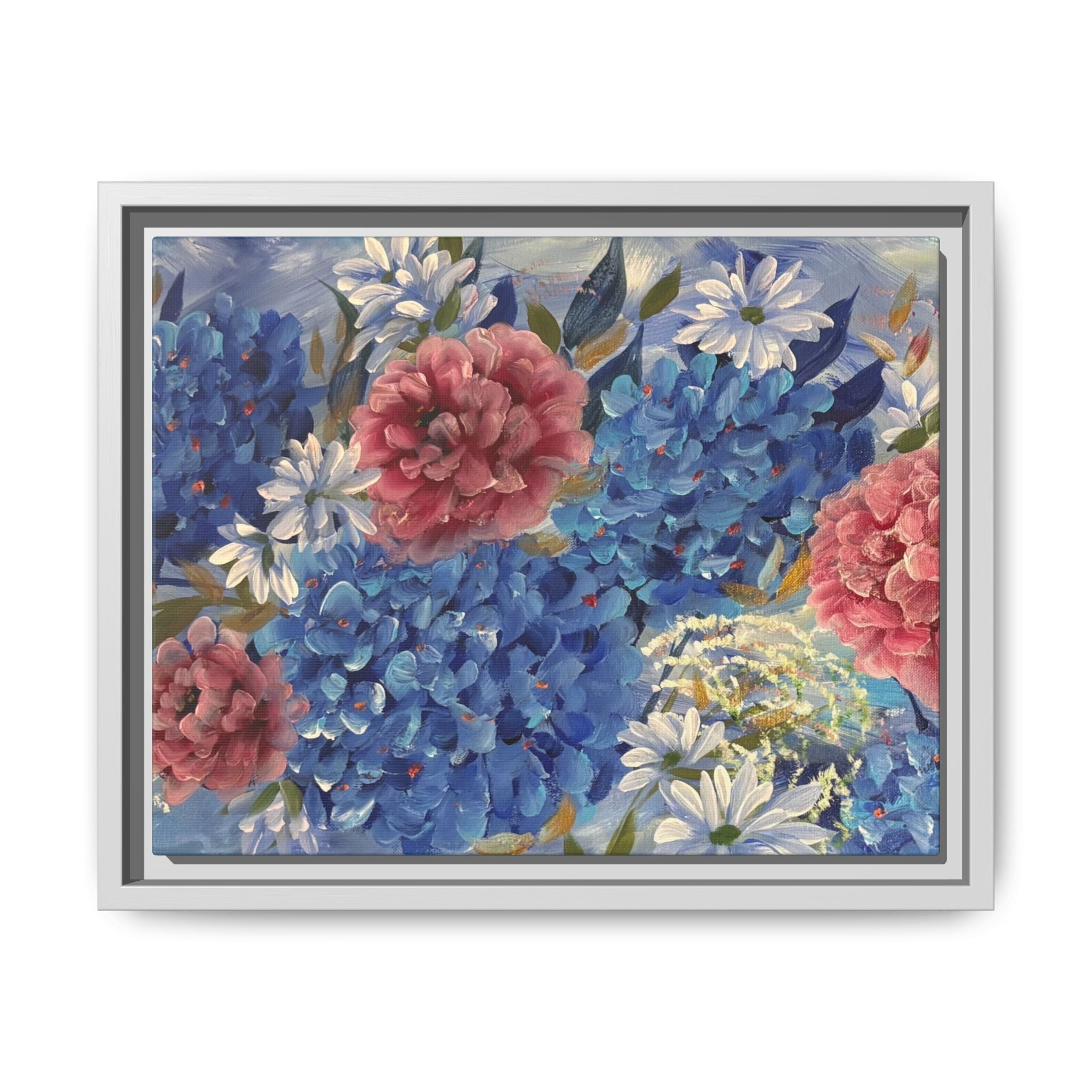 Cool Blue Framed Floral Canvas Print — Blue Hydrangea & Pink Peony Wall Art