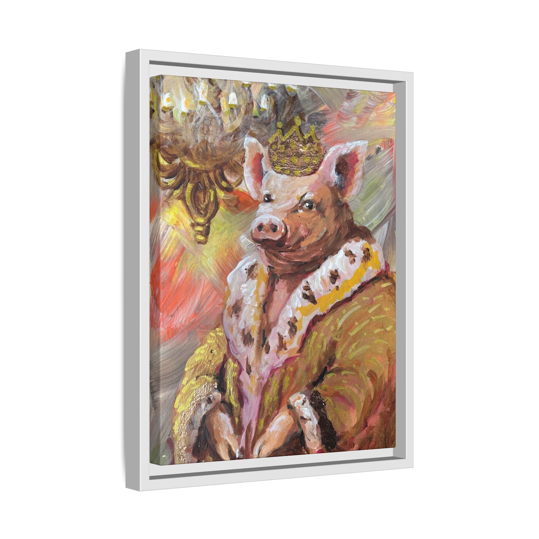 Regal Pig King Framed Canvas Art — Whimsical Farmhouse Wall Decor