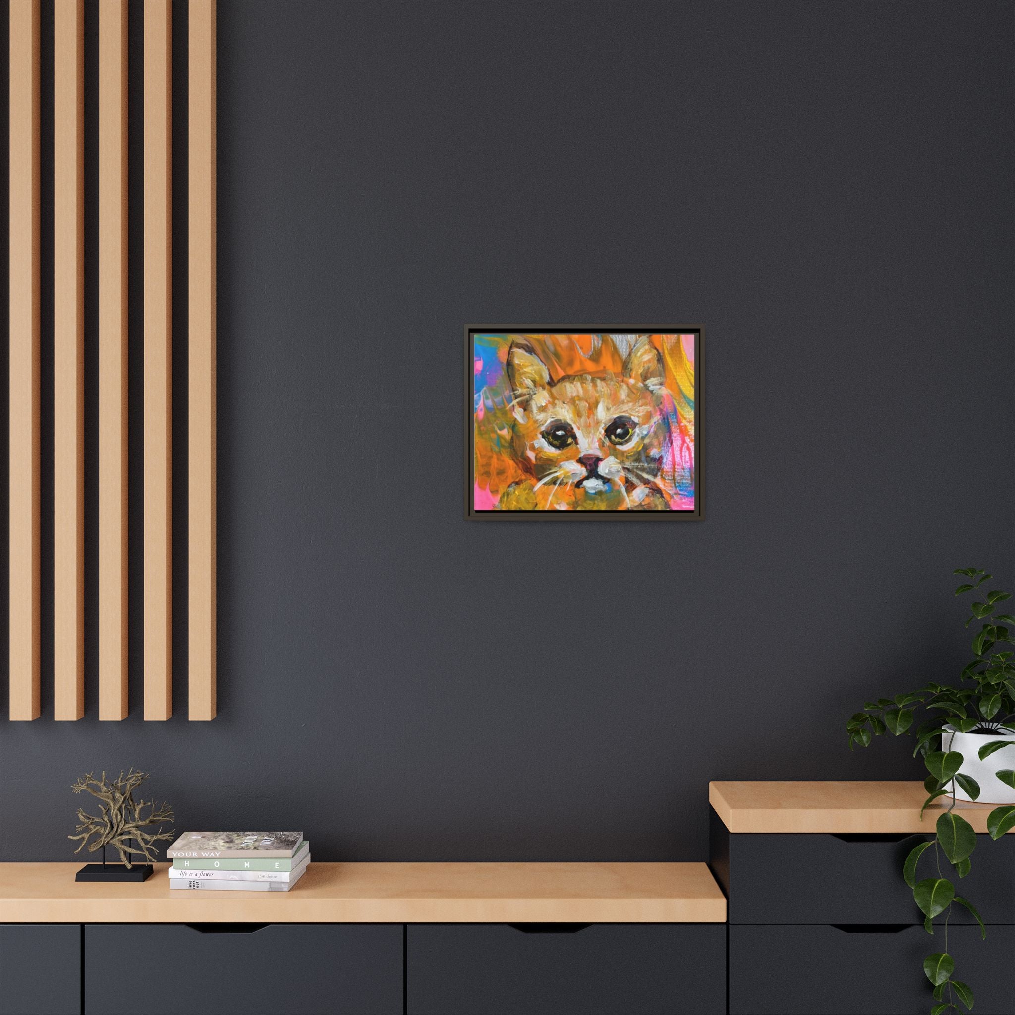 Framed Matte Canvas: Colorful Abstract Ginger Cat Wall Art