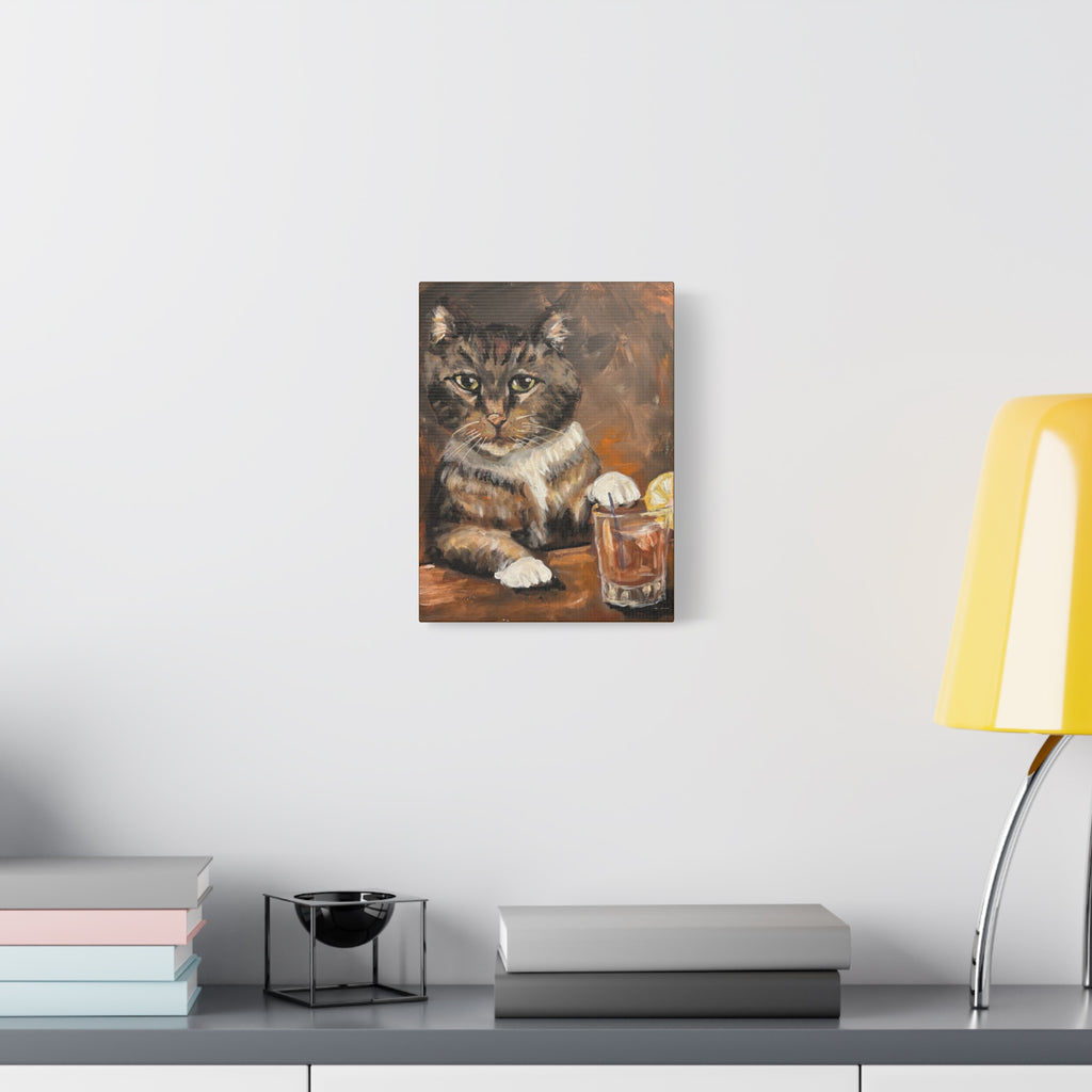 Whiskey Cat Canvas Print — Vintage Tabby Painting on Stretched Matte Canvas