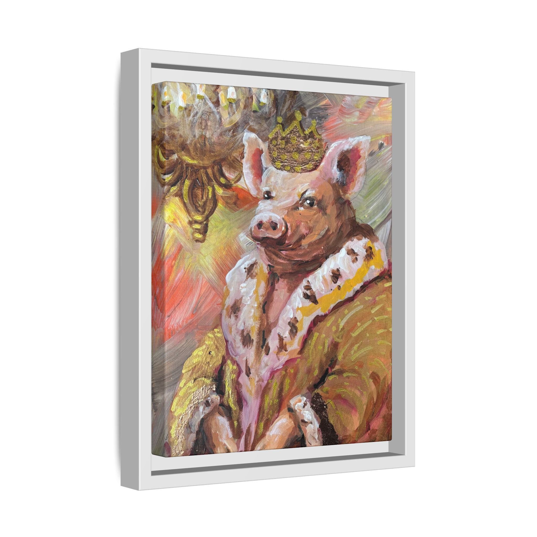 Regal Pig King Framed Canvas Art — Whimsical Farmhouse Wall Decor