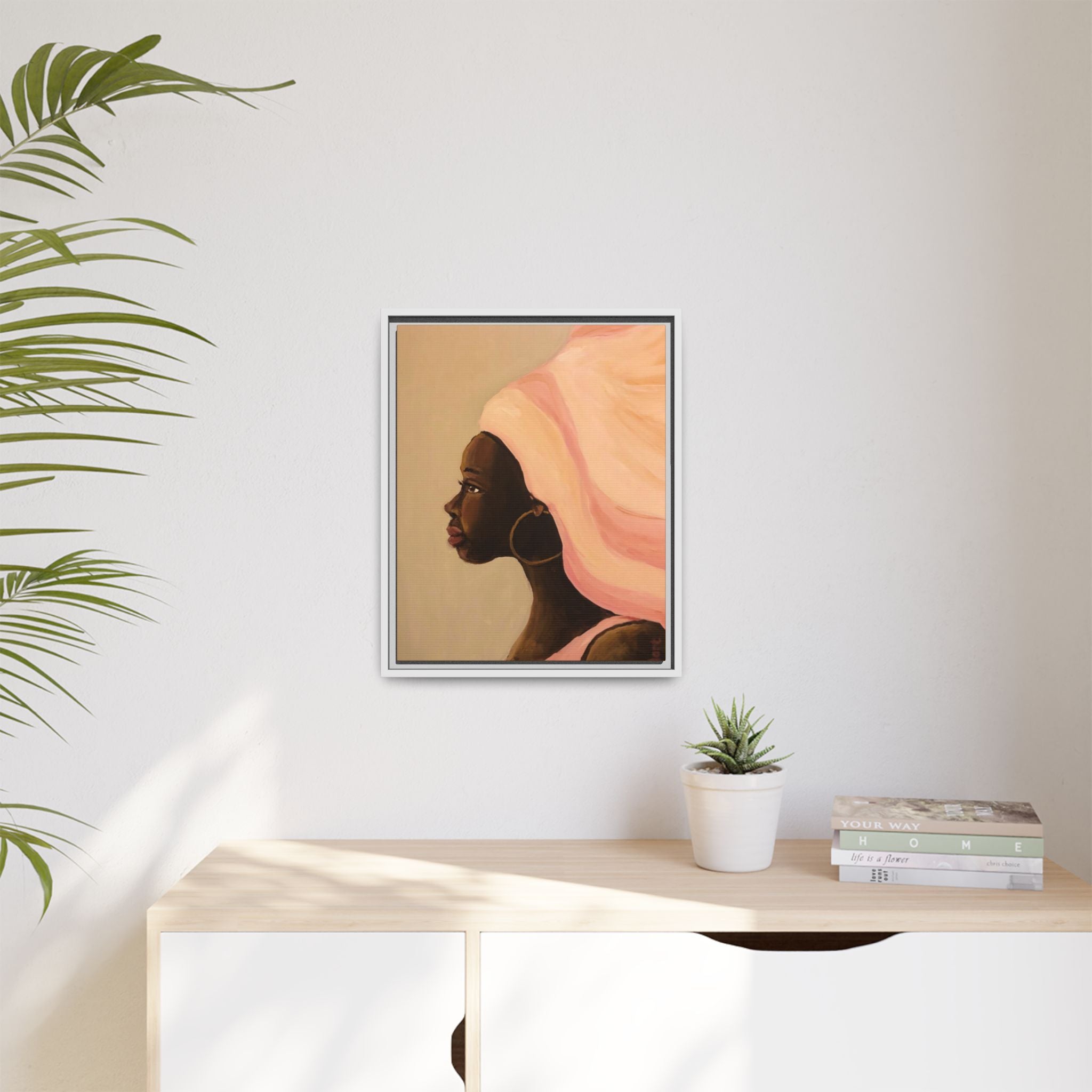 Framed Matte Canvas Art – Elegant African Woman Portrait (Pink Headwrap)