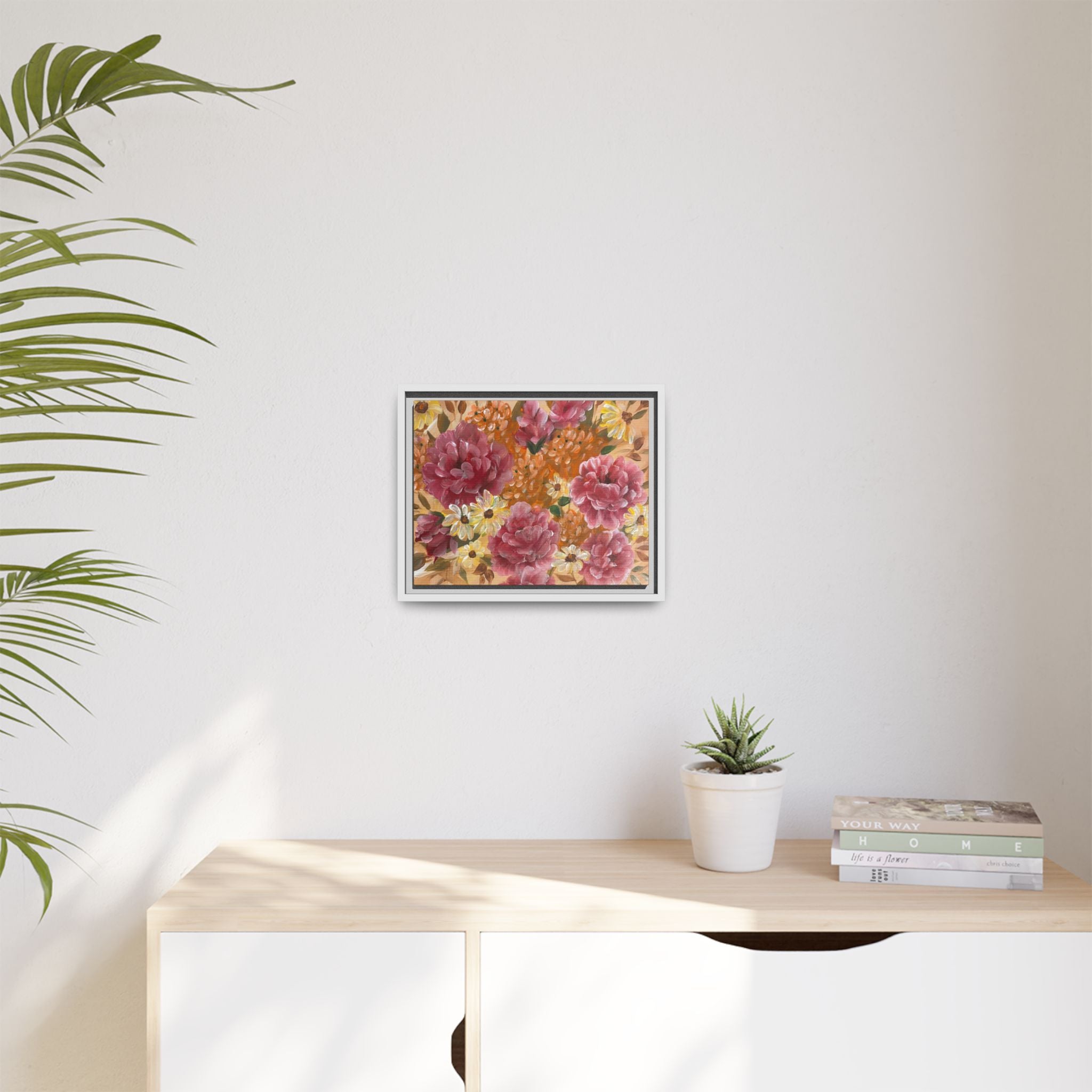 Warm Framed Floral Canvas Print — Vintage Pink Peonies Wall Art