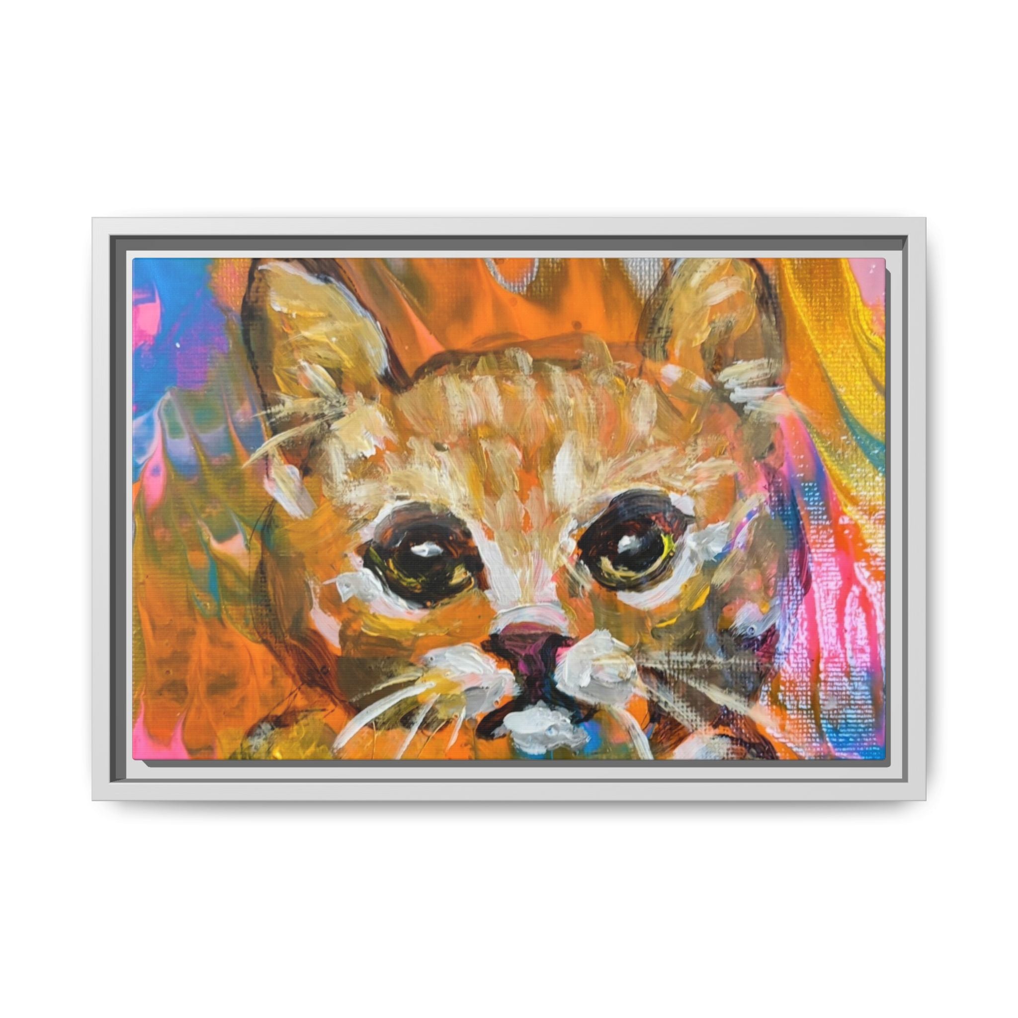 Framed Matte Canvas: Colorful Abstract Ginger Cat Wall Art
