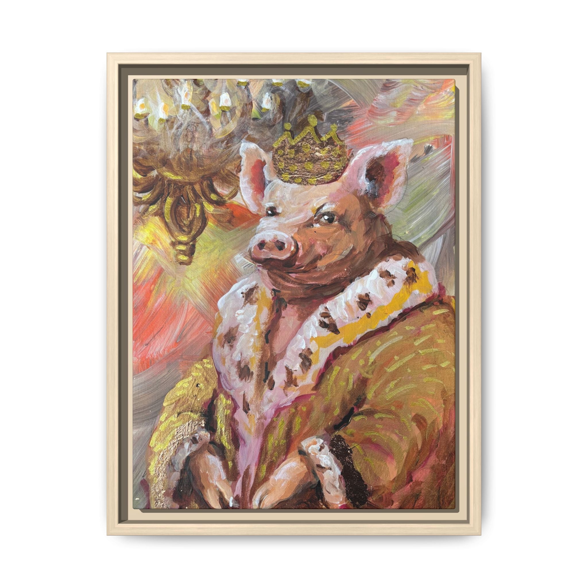 Regal Pig King Framed Canvas Art — Whimsical Farmhouse Wall Decor