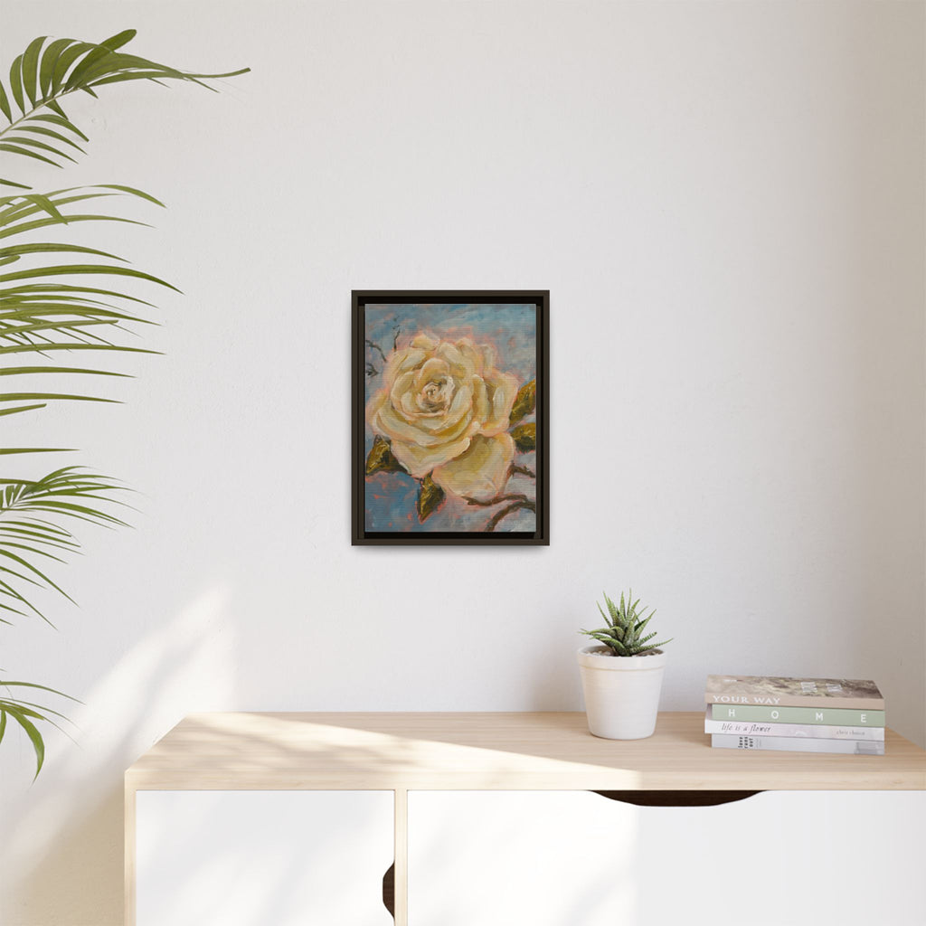 Warm White Rose Framed Matte Canvas - Vintage Rose Floral Wall Art