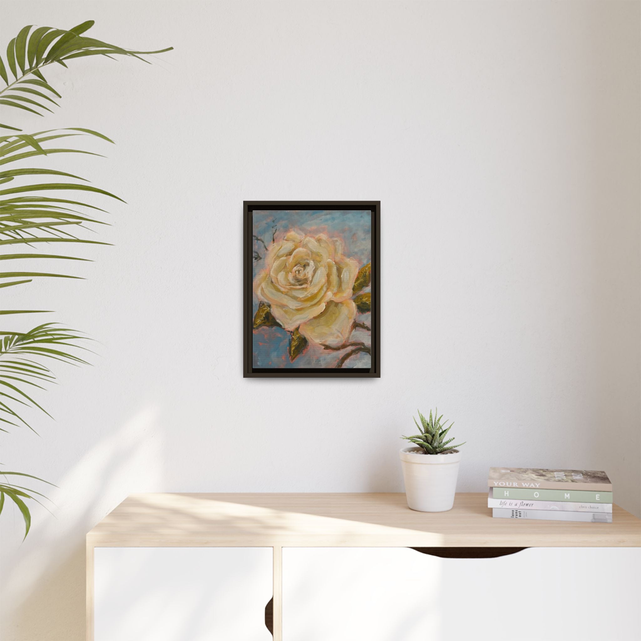 Warm White Rose Framed Matte Canvas - Vintage Rose Floral Wall Art
