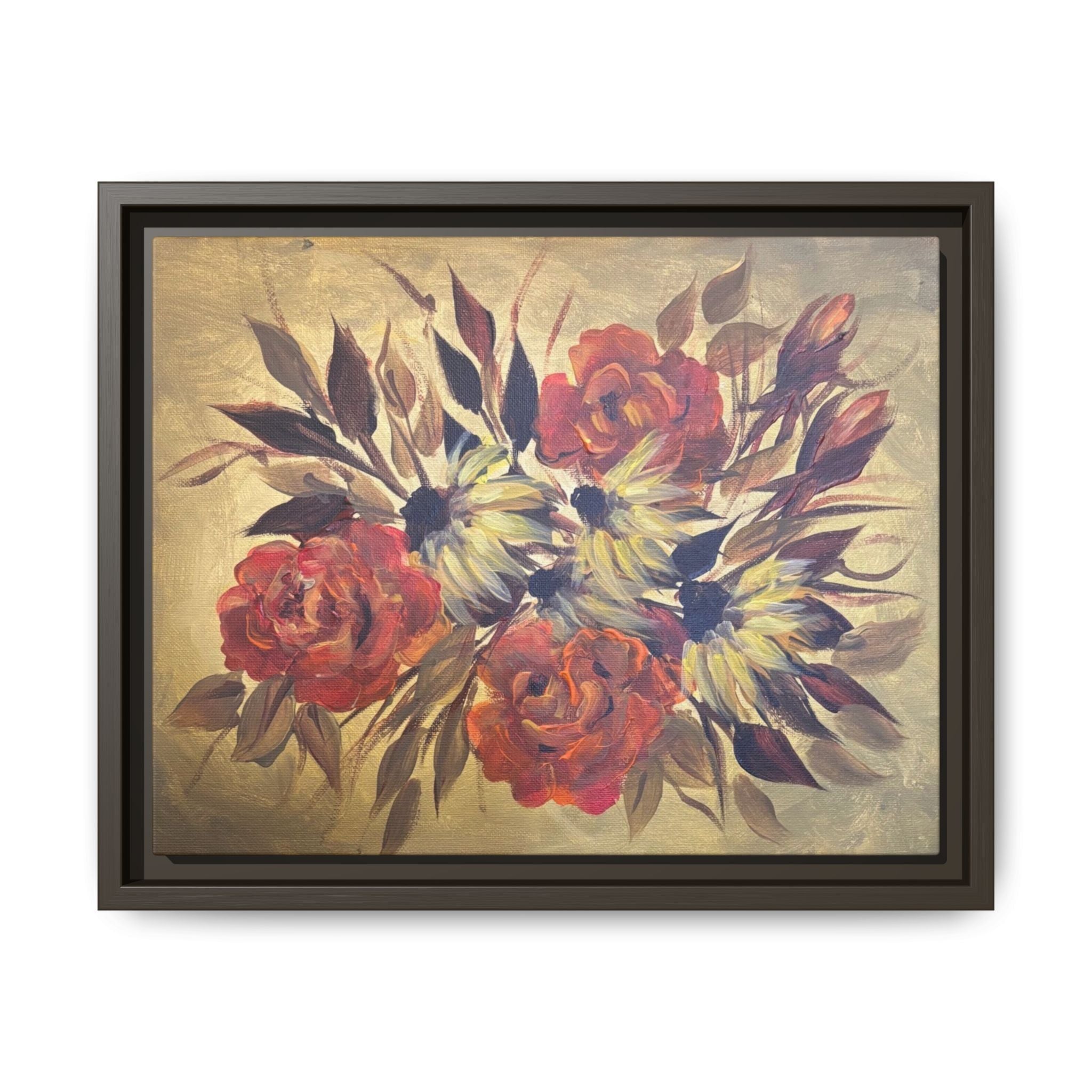 Framed Floral Canvas Wall Art — Vintage Rose Bouquet Matte Print
