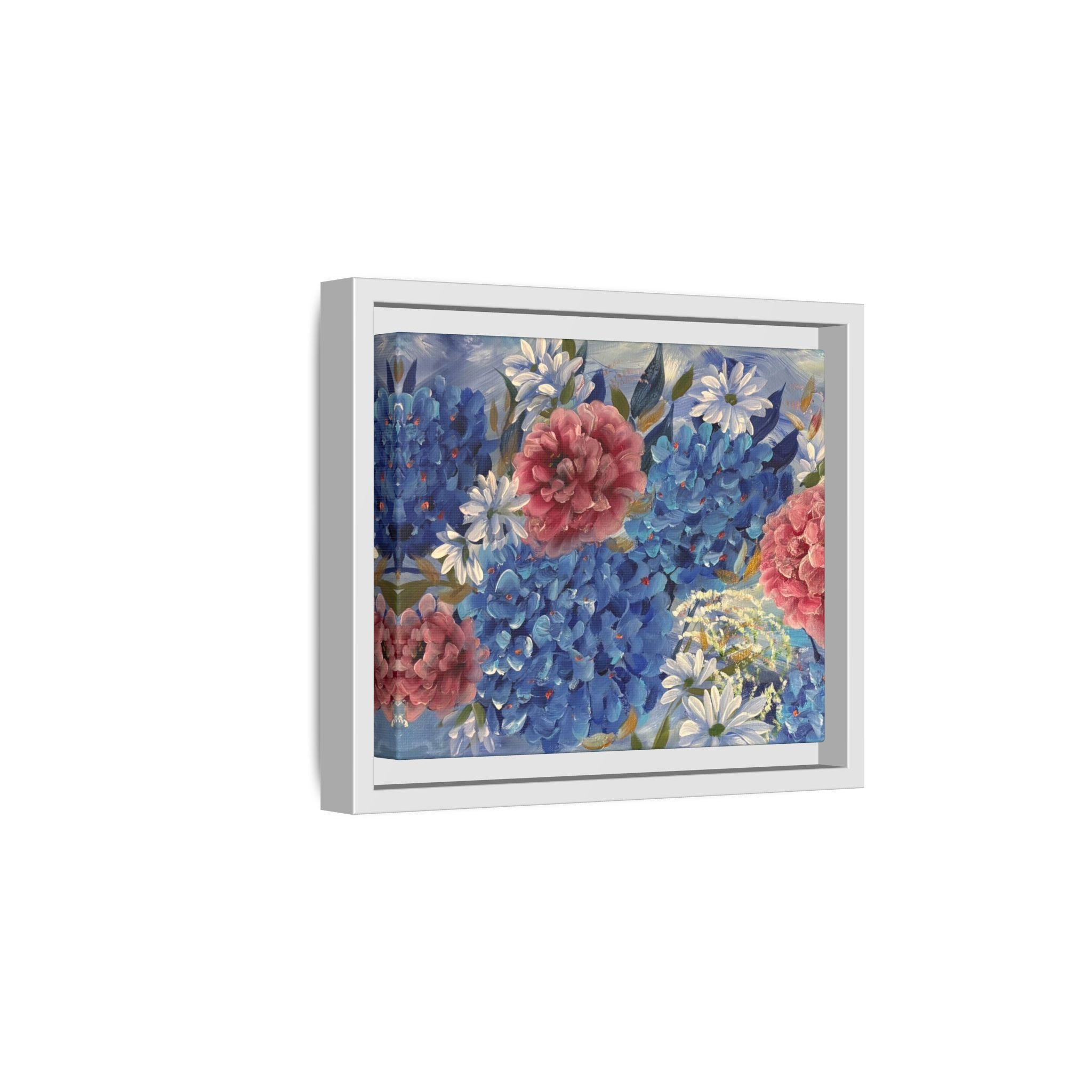 Cool Blue Framed Floral Canvas Print — Blue Hydrangea & Pink Peony Wall Art