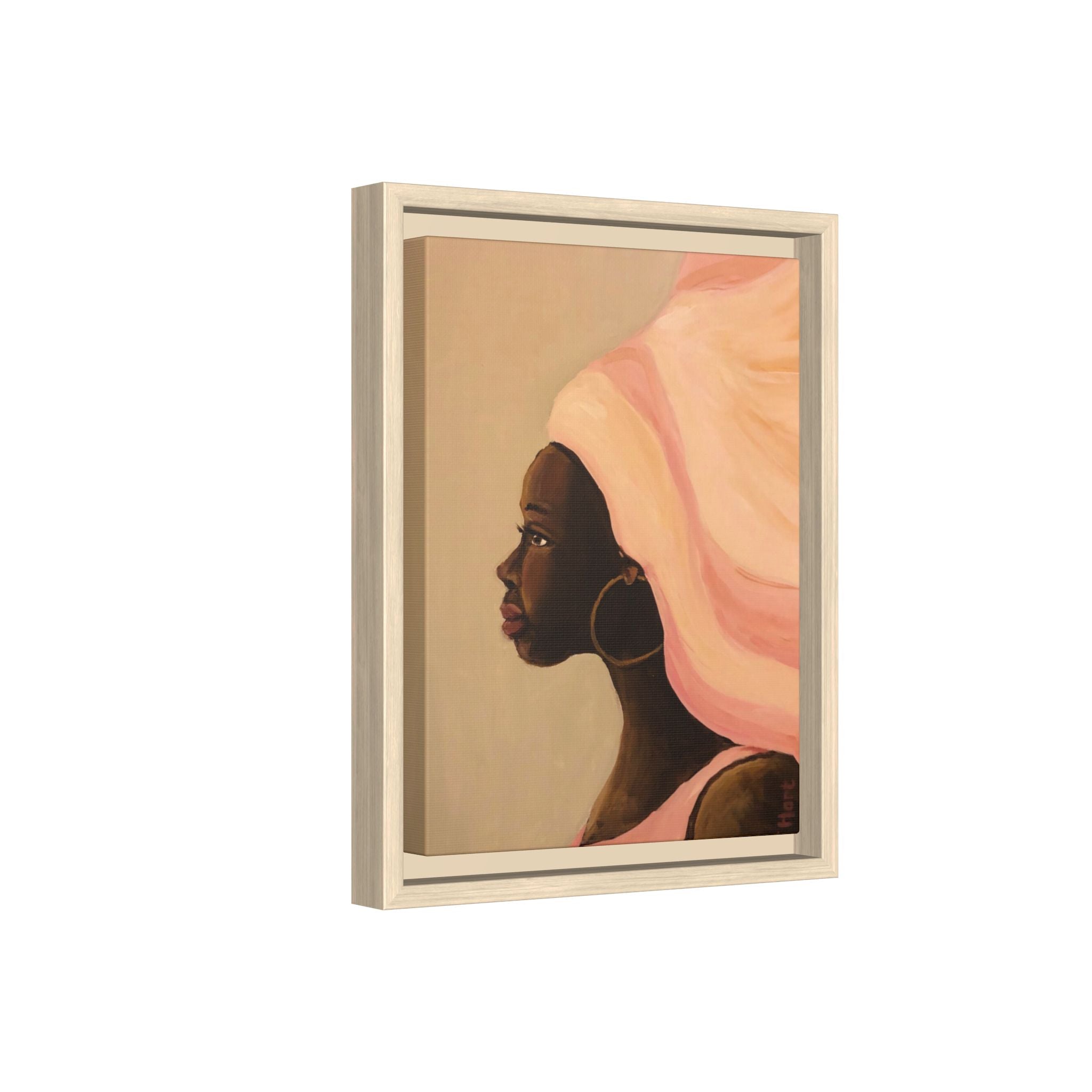 Framed Matte Canvas Art – Elegant African Woman Portrait (Pink Headwrap)