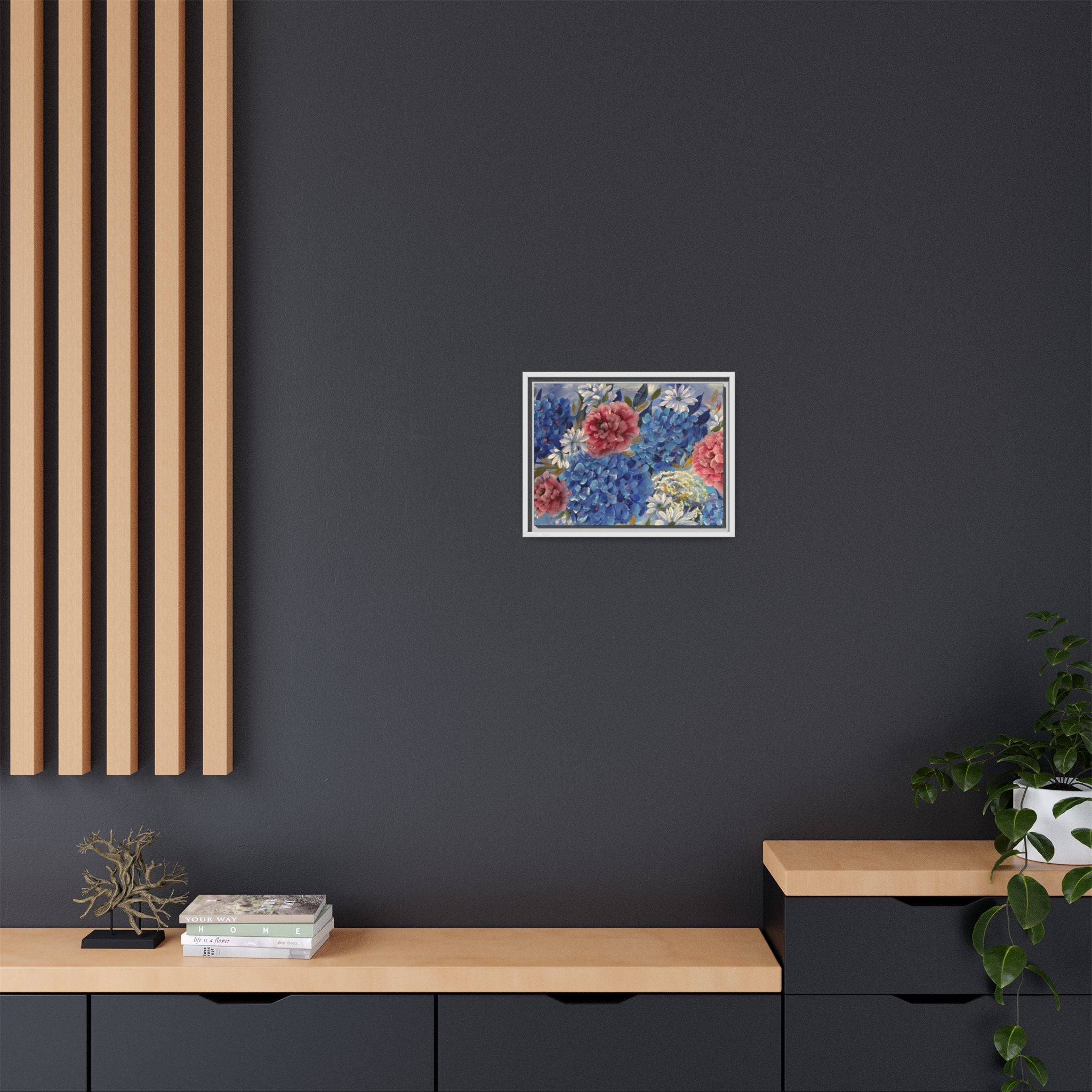 Cool Blue Framed Floral Canvas Print — Blue Hydrangea & Pink Peony Wall Art