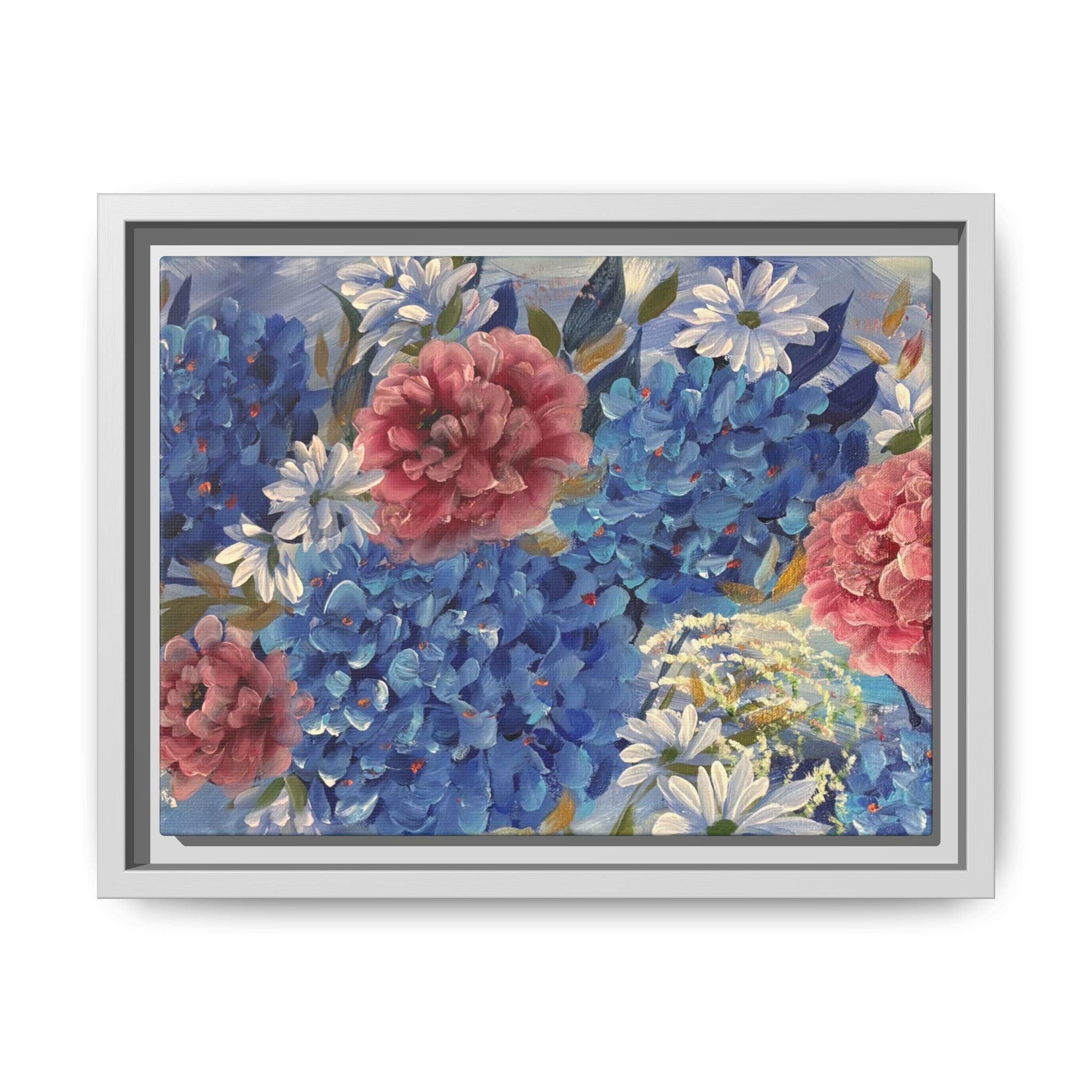 Cool Blue Framed Floral Canvas Print — Blue Hydrangea & Pink Peony Wall Art