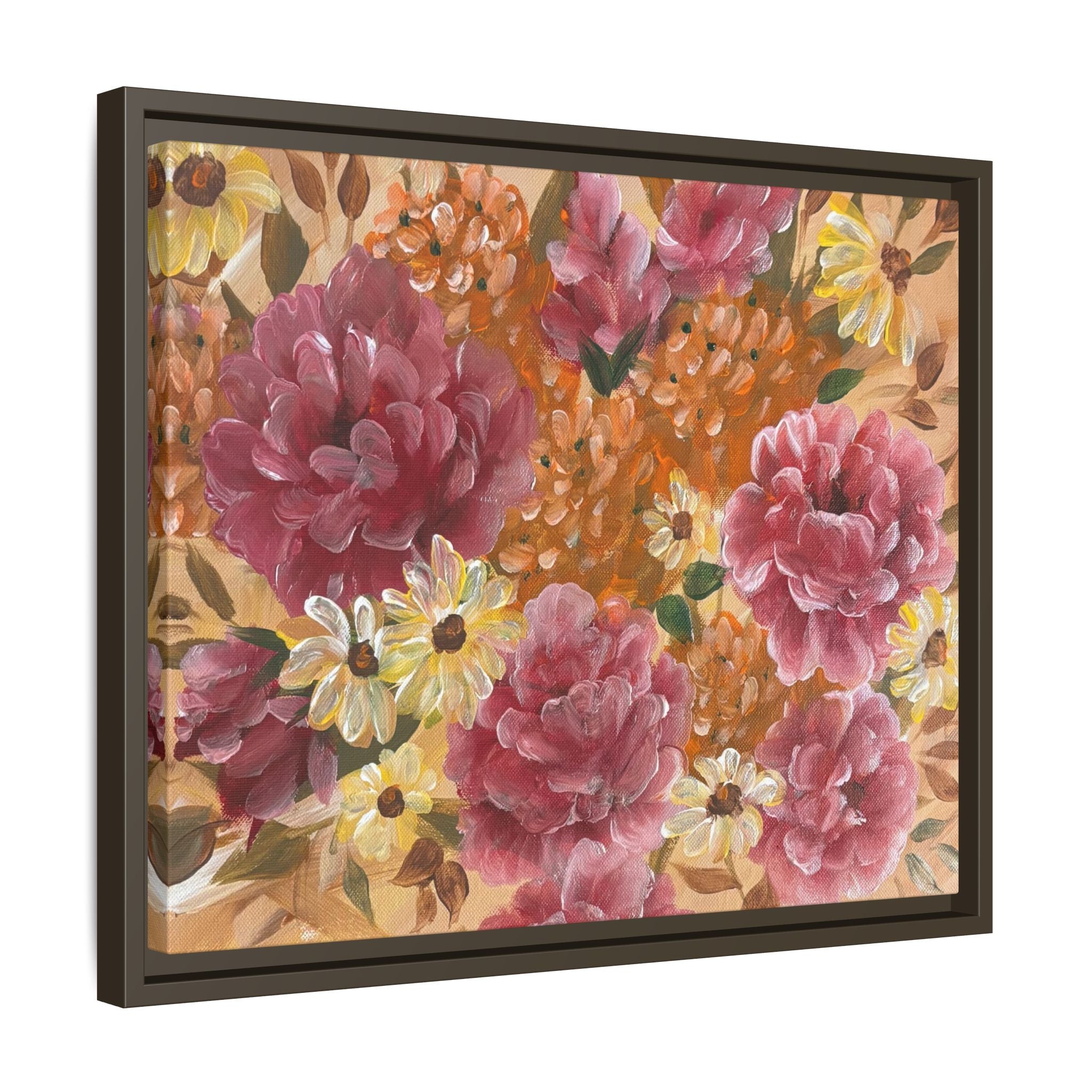 Warm Floral Framed Floral Canvas Print — Pink Peony & Daisies Wall Art