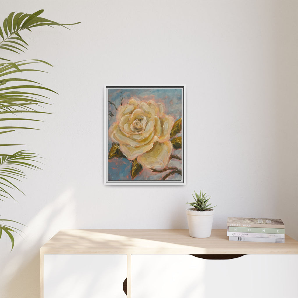 Warm White Rose Framed Matte Canvas - Vintage Rose Floral Wall Art