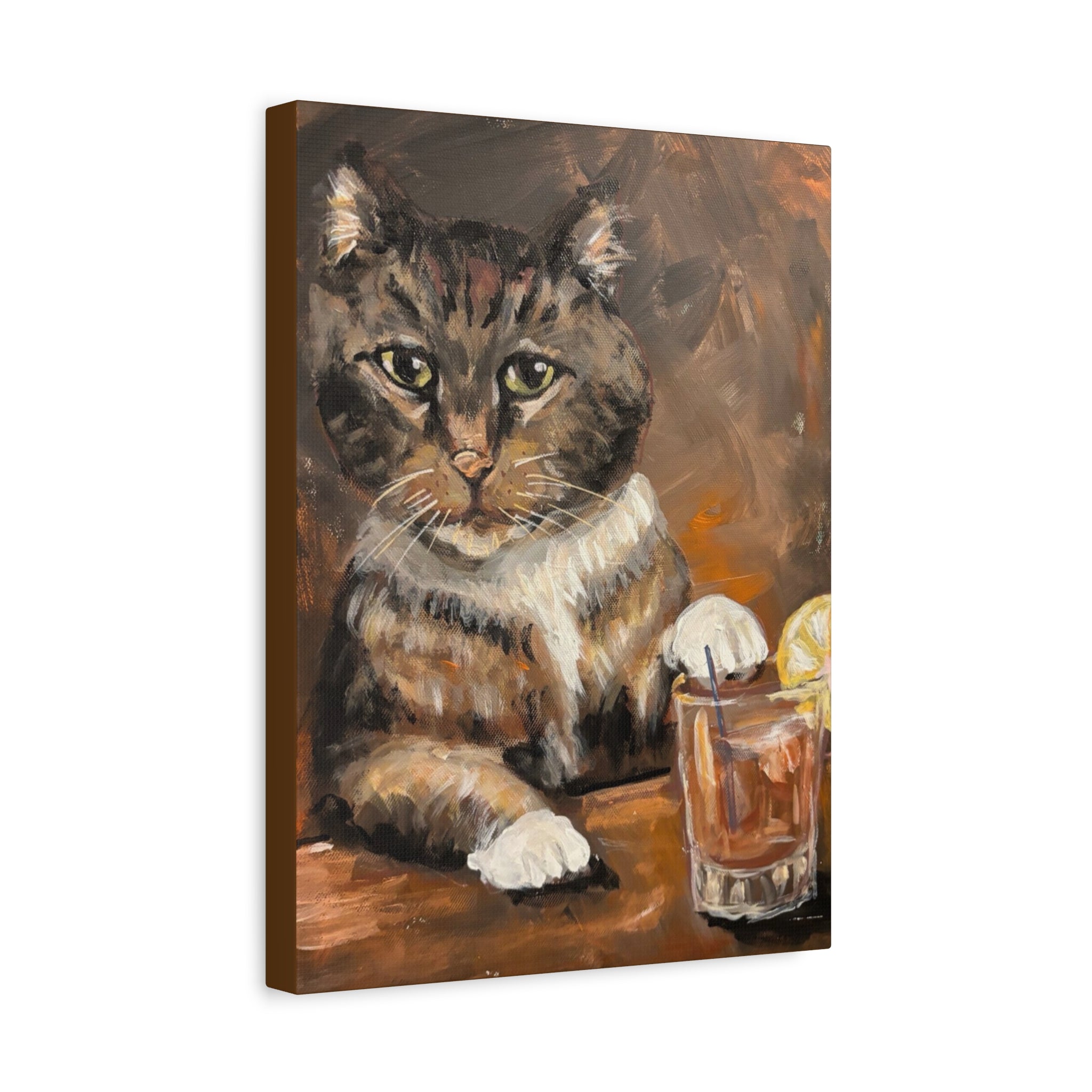 Whiskey Cat Canvas Print — Vintage Tabby Painting on Stretched Matte Canvas