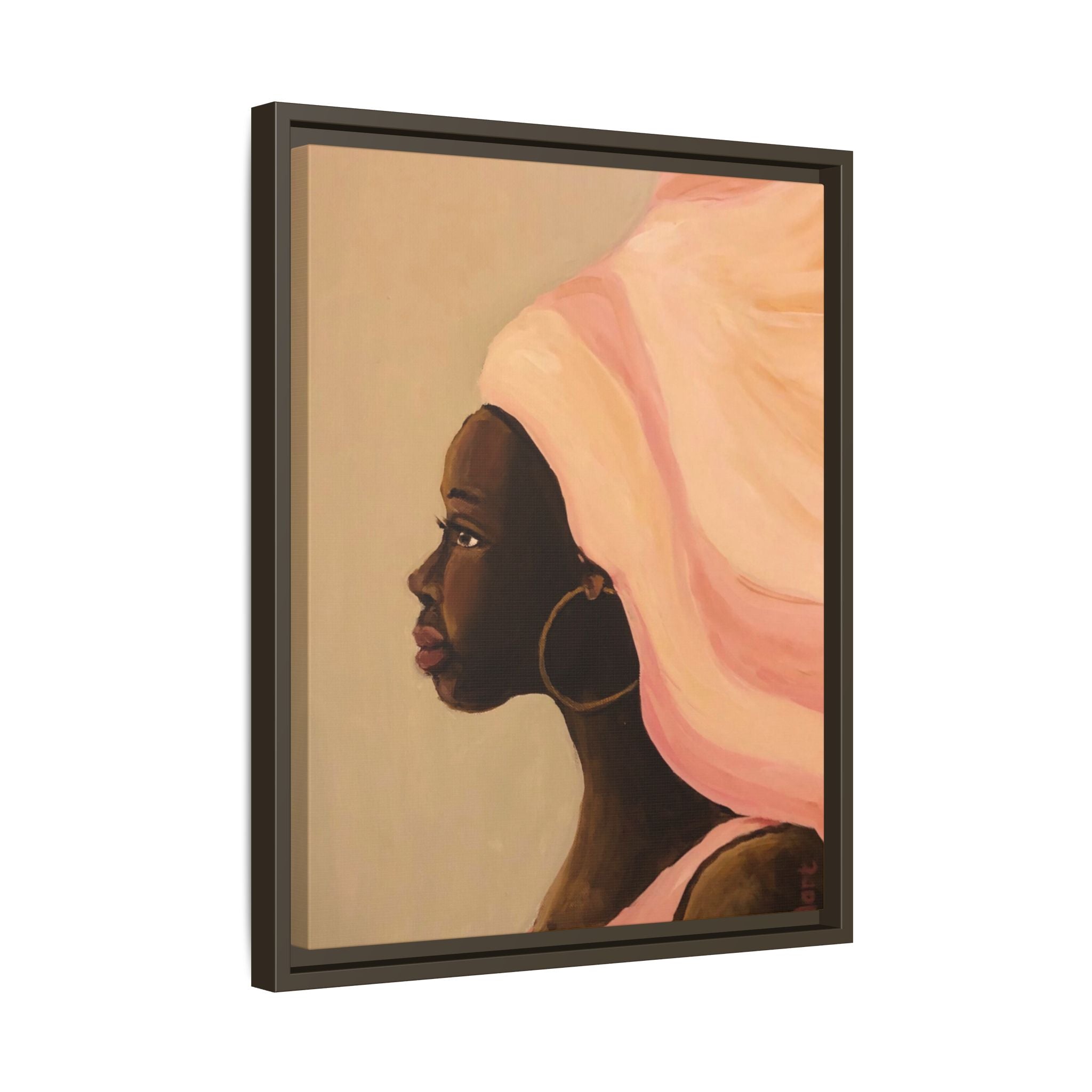 Framed Matte Canvas Art – Elegant African Woman Portrait (Pink Headwrap)