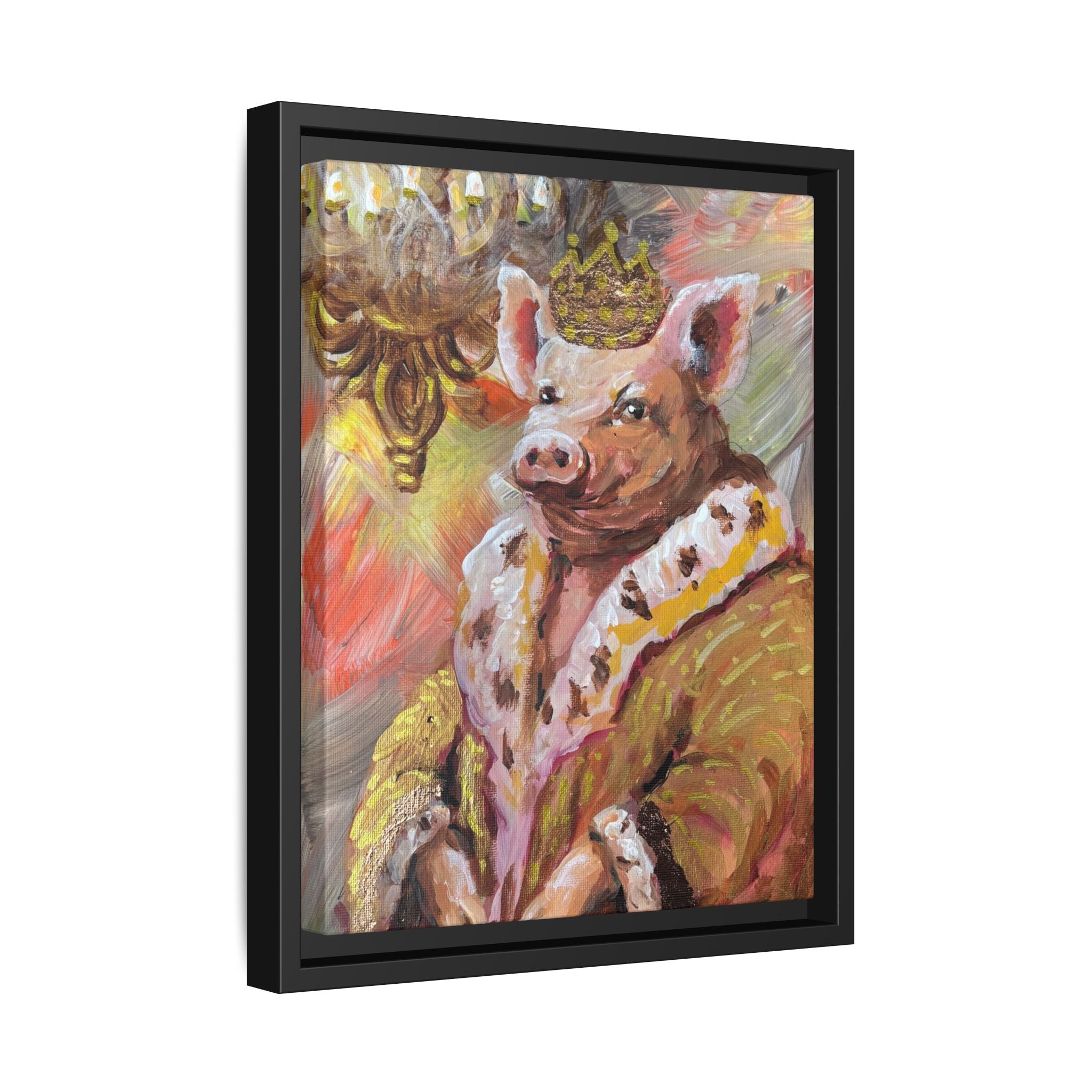 Regal Pig King Framed Canvas Art — Whimsical Farmhouse Wall Decor