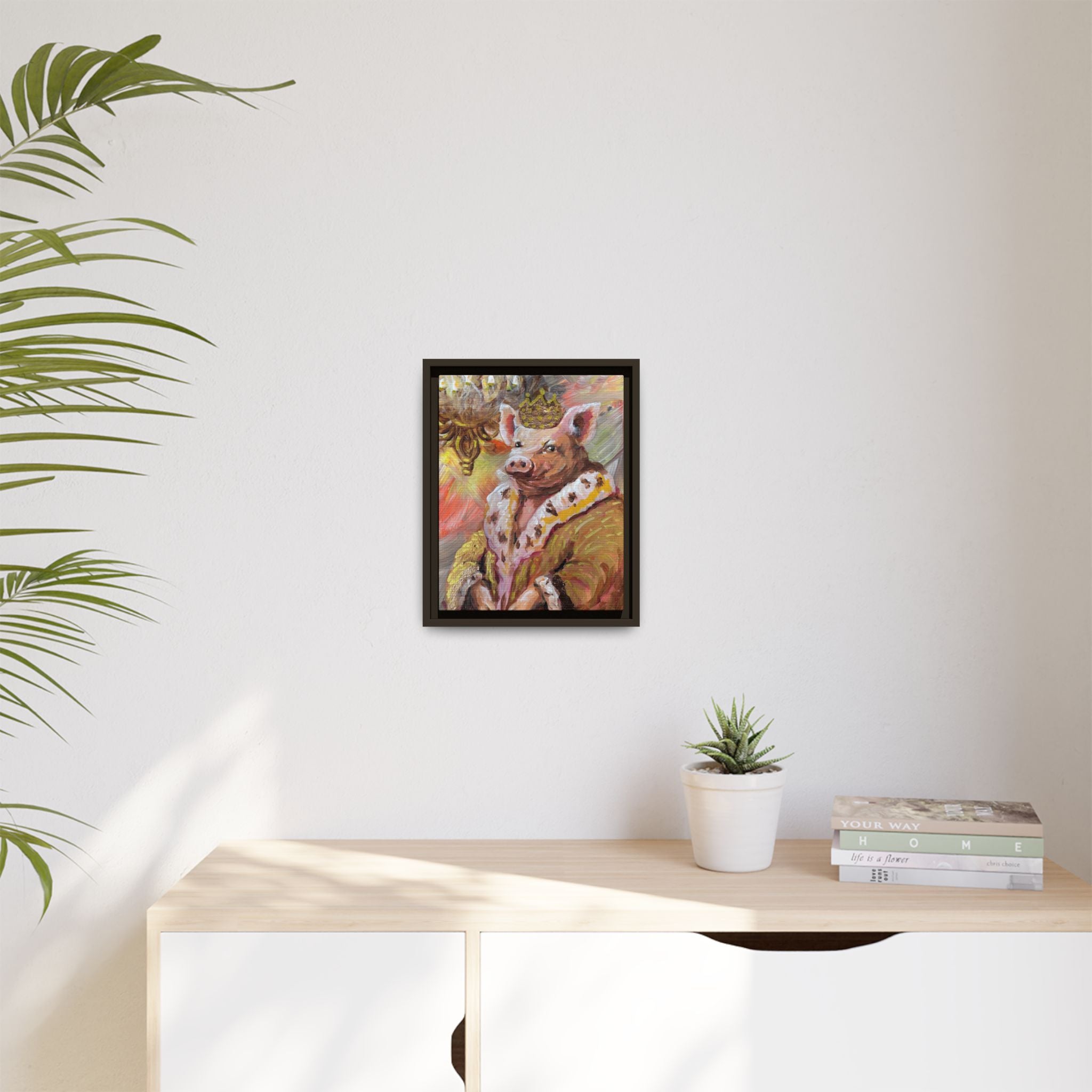 Regal Pig King Framed Canvas Art — Whimsical Farmhouse Wall Decor