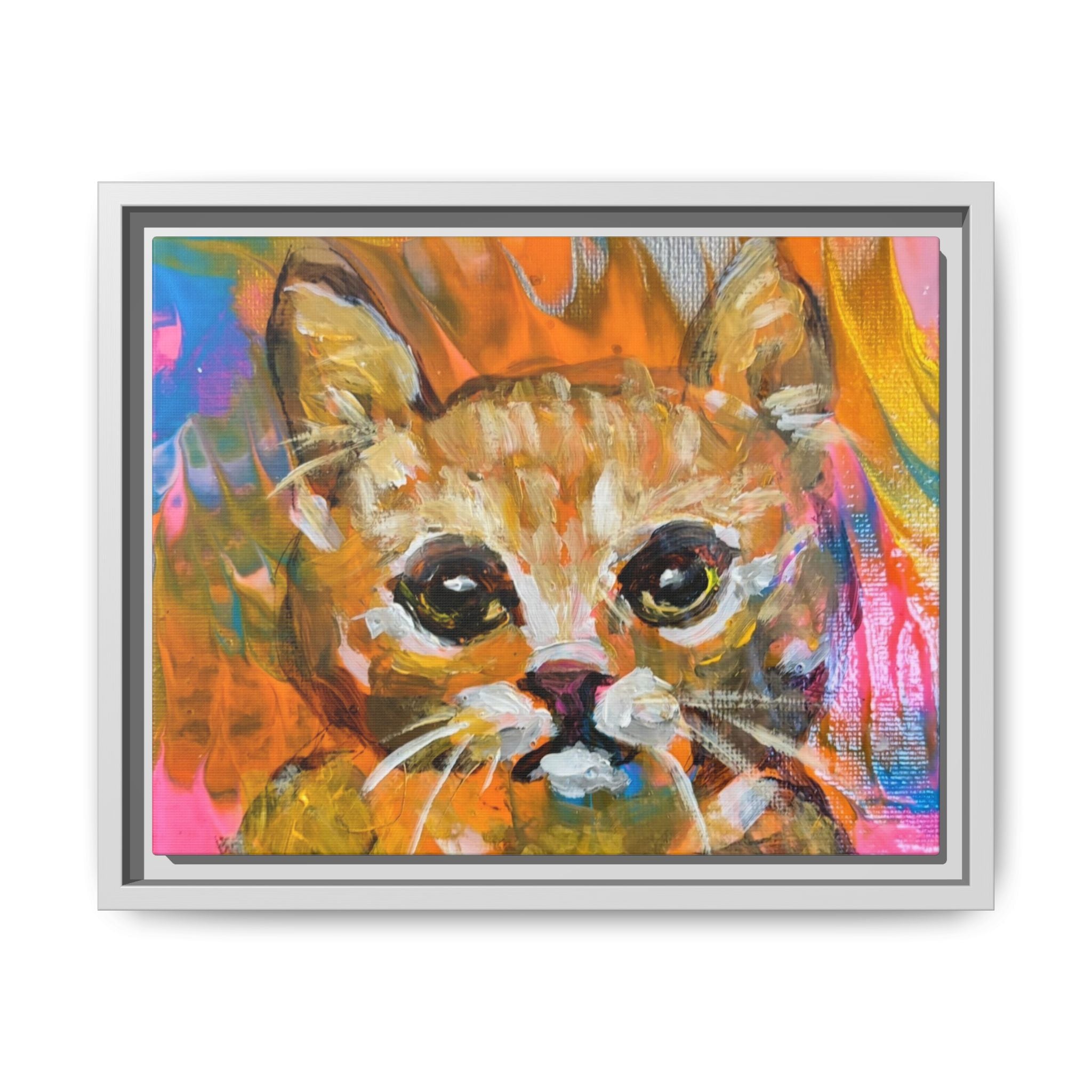 Framed Matte Canvas: Colorful Abstract Ginger Cat Wall Art