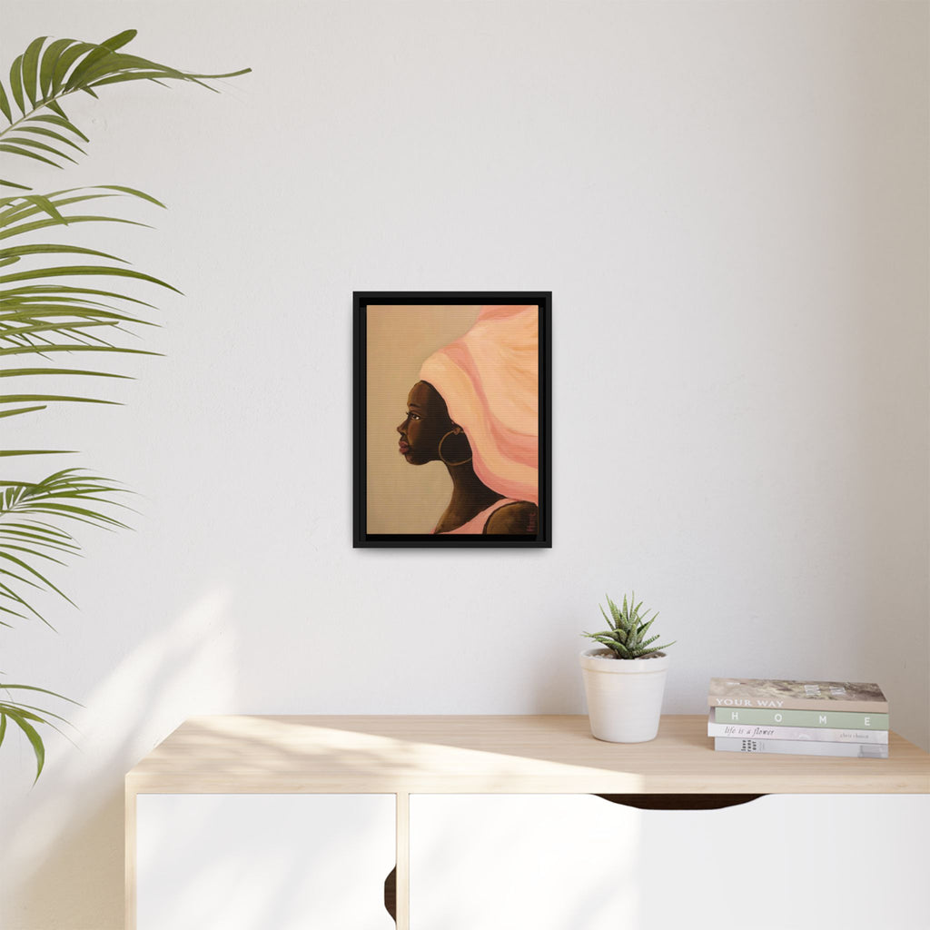 Framed Matte Canvas Art – Elegant African Woman Portrait (Pink Headwrap)