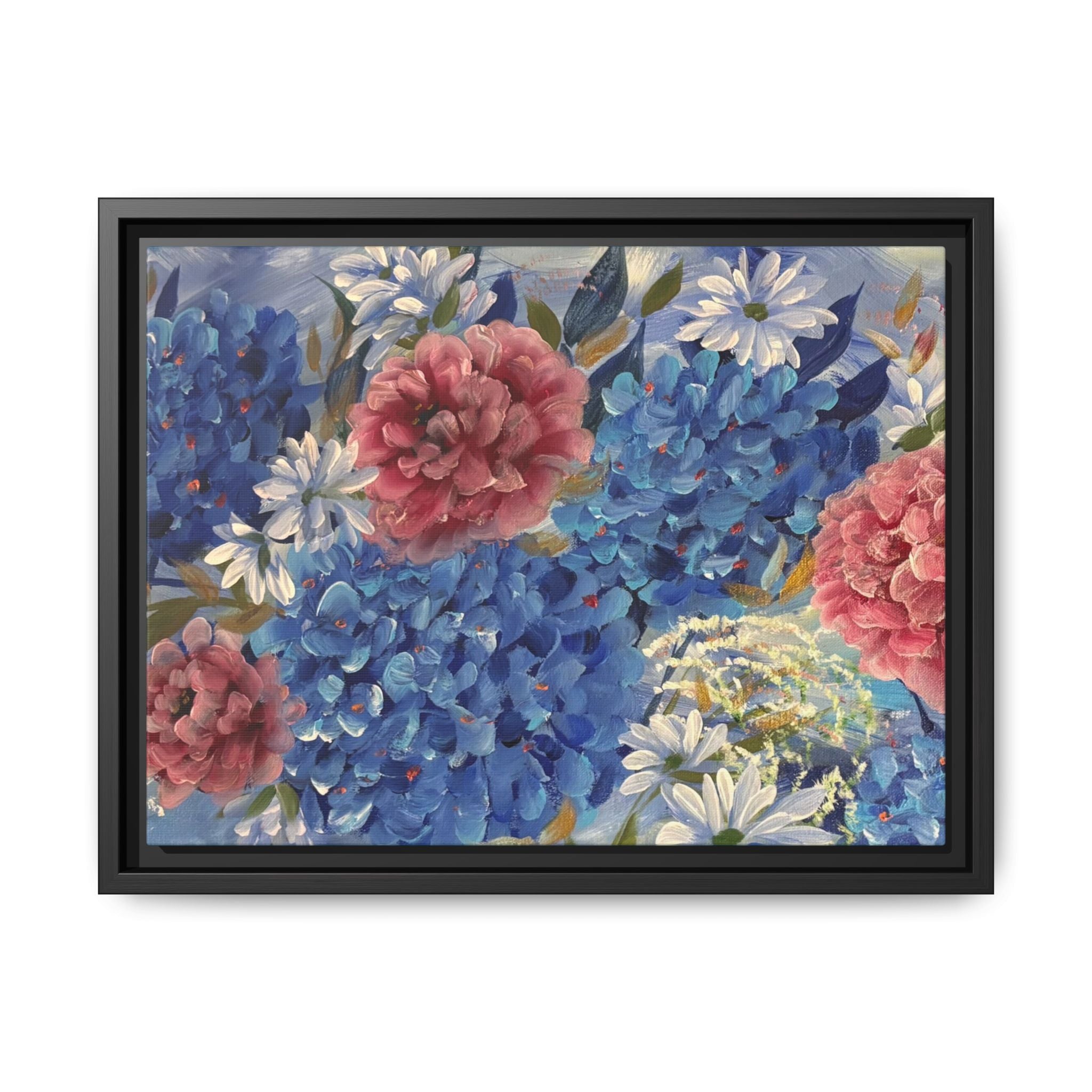 Cool Blue Framed Floral Canvas Print — Blue Hydrangea & Pink Peony Wall Art