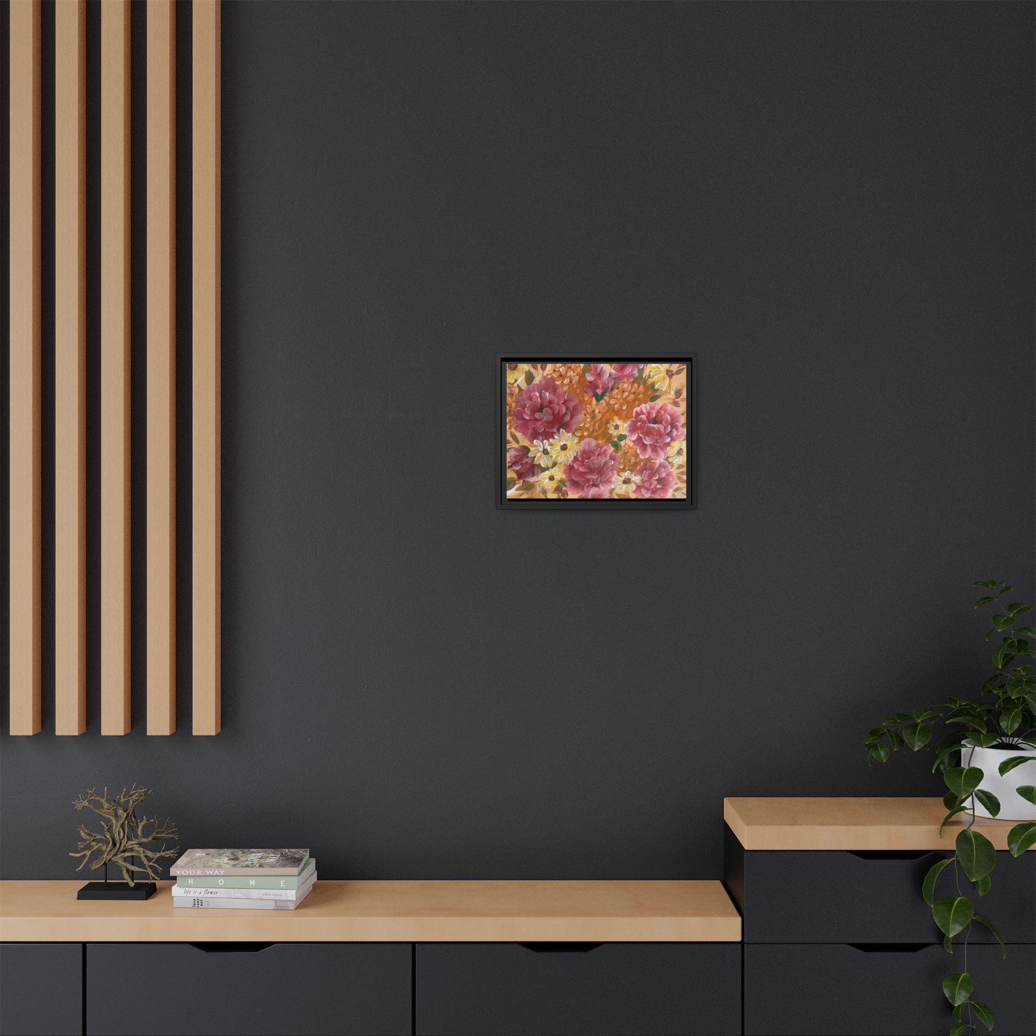 Warm Floral Framed Floral Canvas Print — Pink Peony & Daisies Wall Art