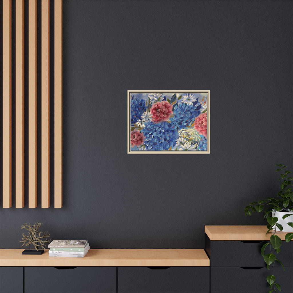 Cool Blue Framed Floral Canvas Print — Blue Hydrangea & Pink Peony Wall Art